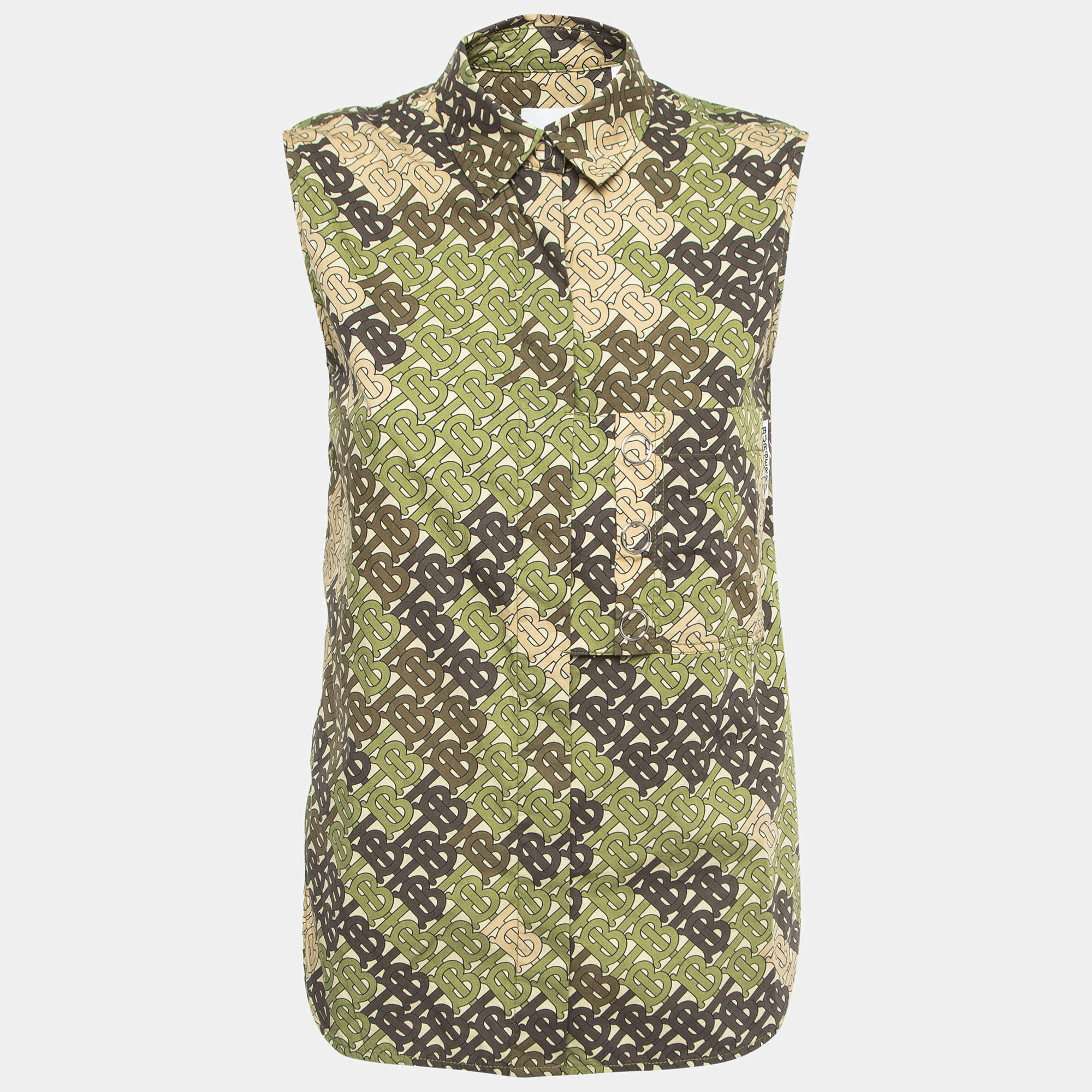 Pre Owned Burberry Green Logo Print Cotton Button Front Sleeveless Shirt S