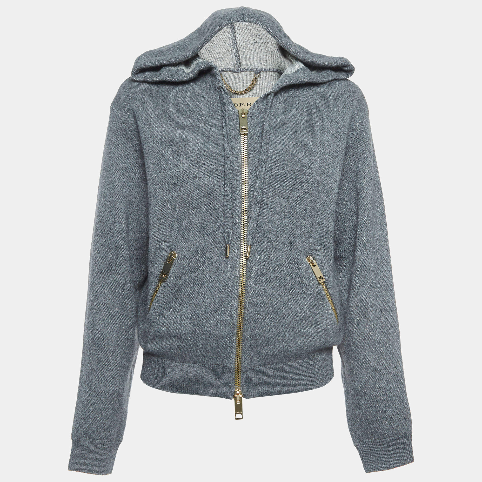 Pre Owned Burberry Grey Cashmere Blend Knit Zip Front Hooded Jacket M