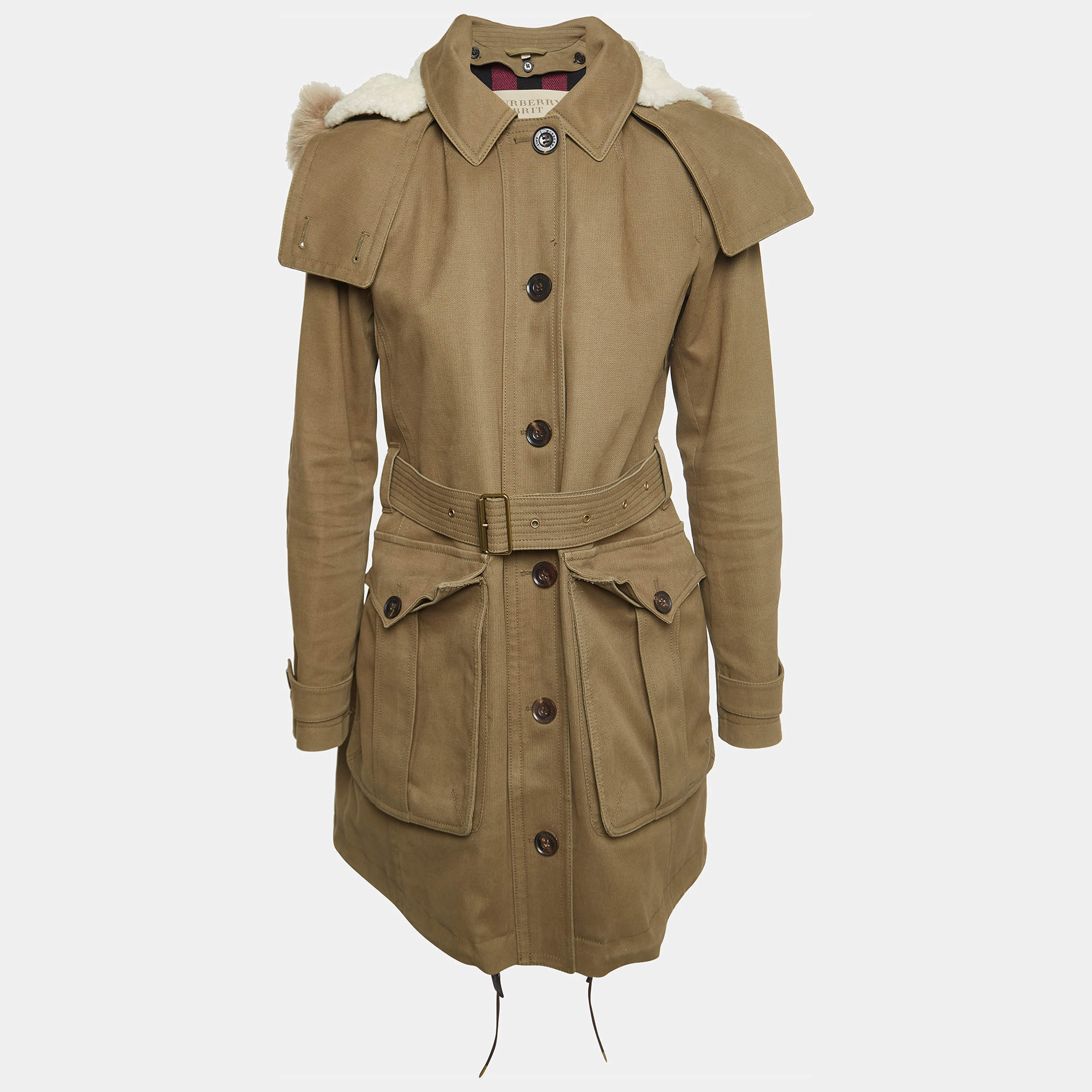 Burberry Brit Khaki Raccoon Fur Trimmed Detachable Hood and Warmer Parka Jacket M