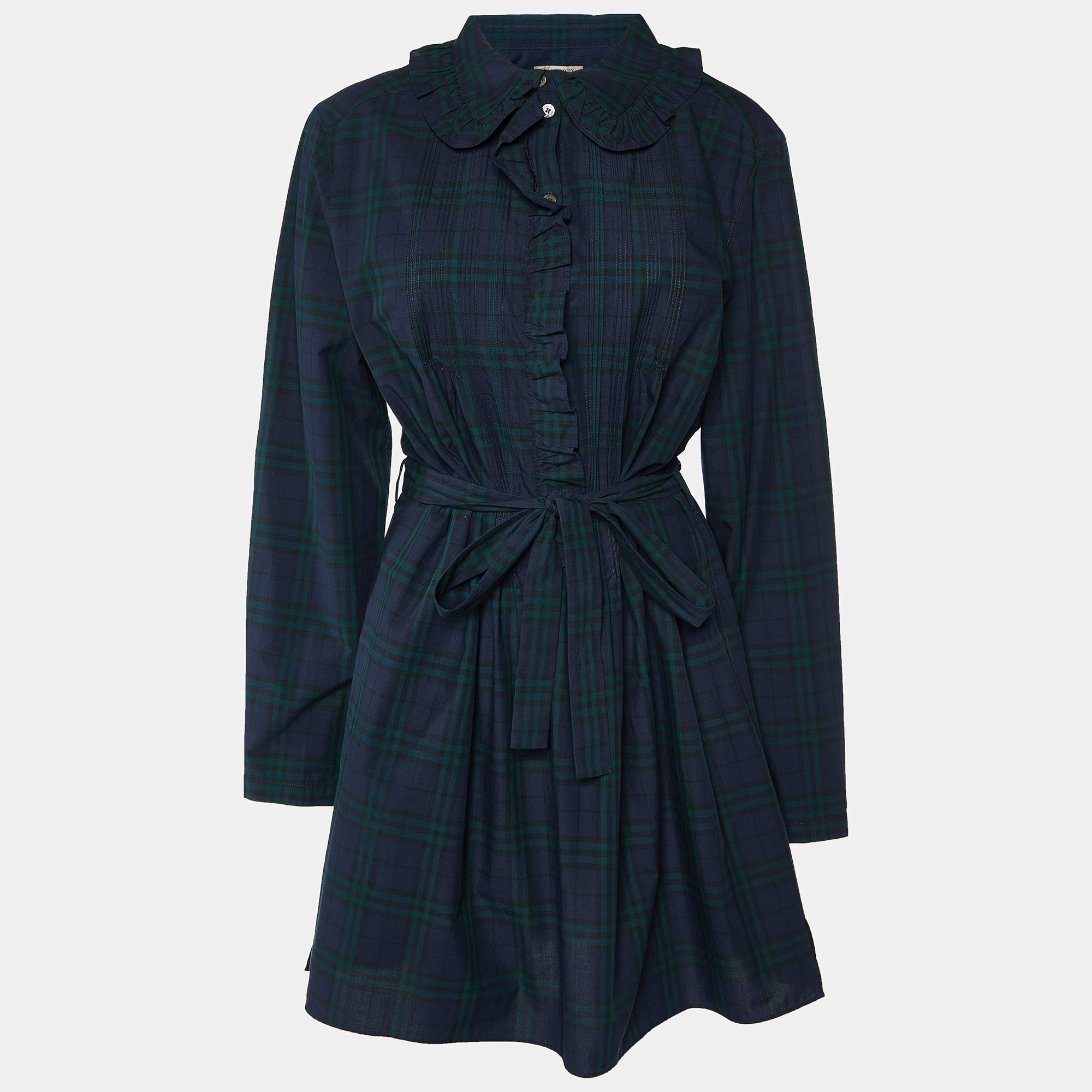 Pre Owned Burberry Navy Blue/Green Plaid Check Cotton Belted Dress L