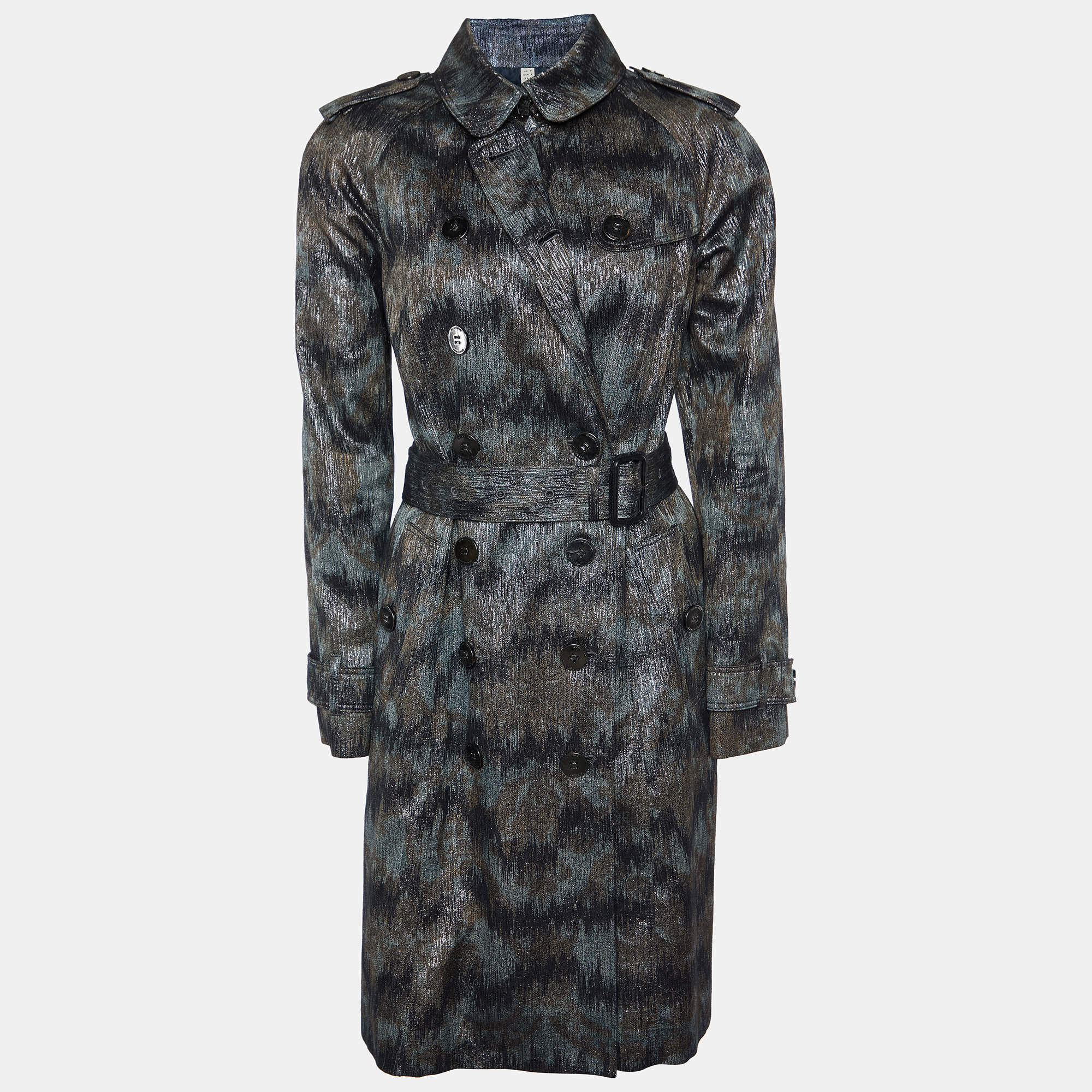 مملوكة مسبقًا Burberry Grey Lurex Cotton Blend Belted Trench Coat S