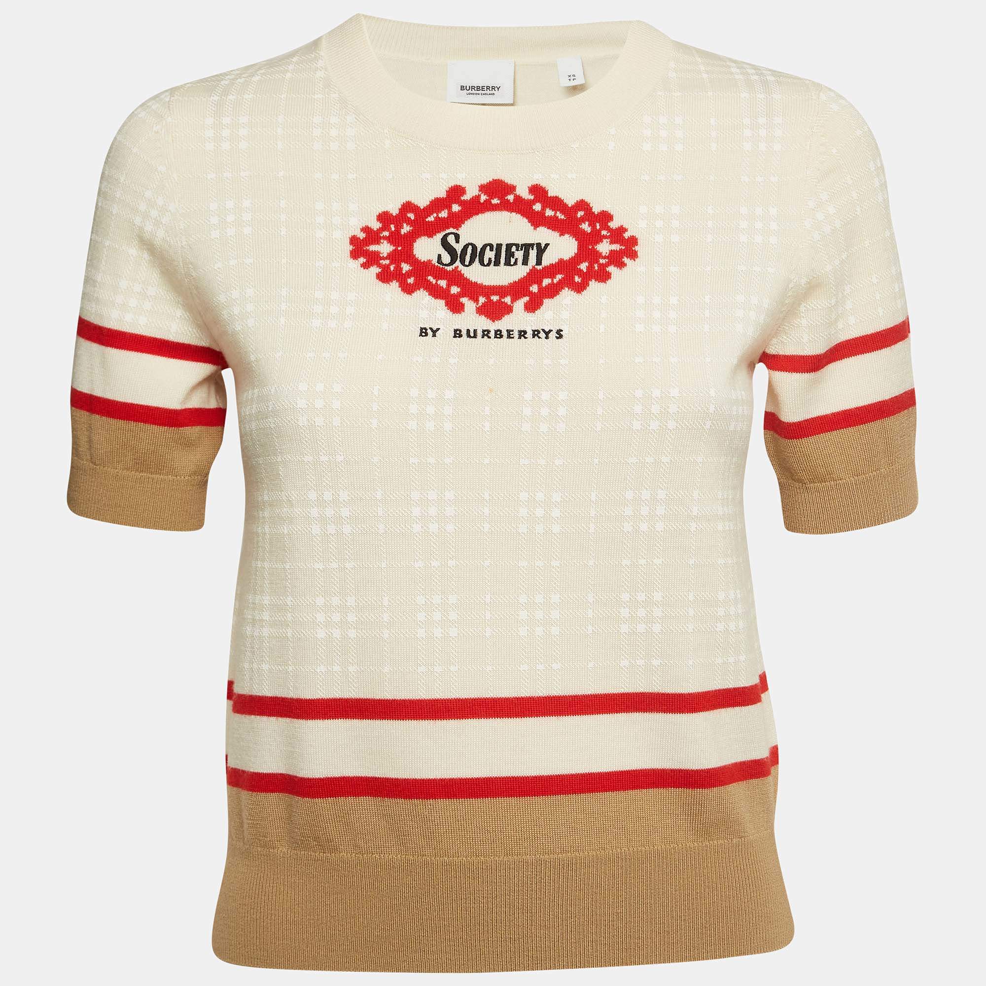 Pre Owned Burberry Cream Embroidered Wool Knit Crew Neck Top XS