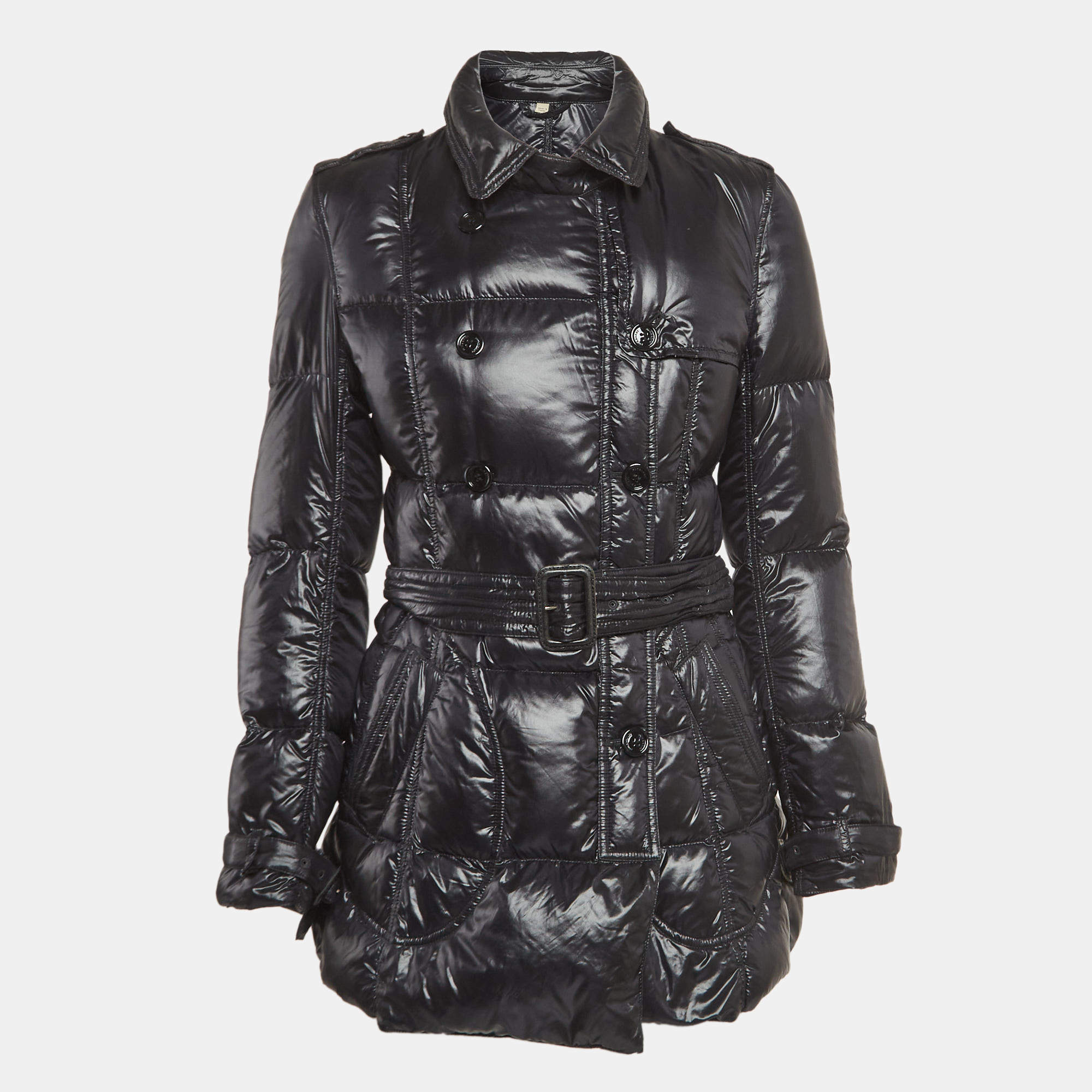 Pre Owned Burberry Black Nylon Belted Double Breasted Puffer Jacket M