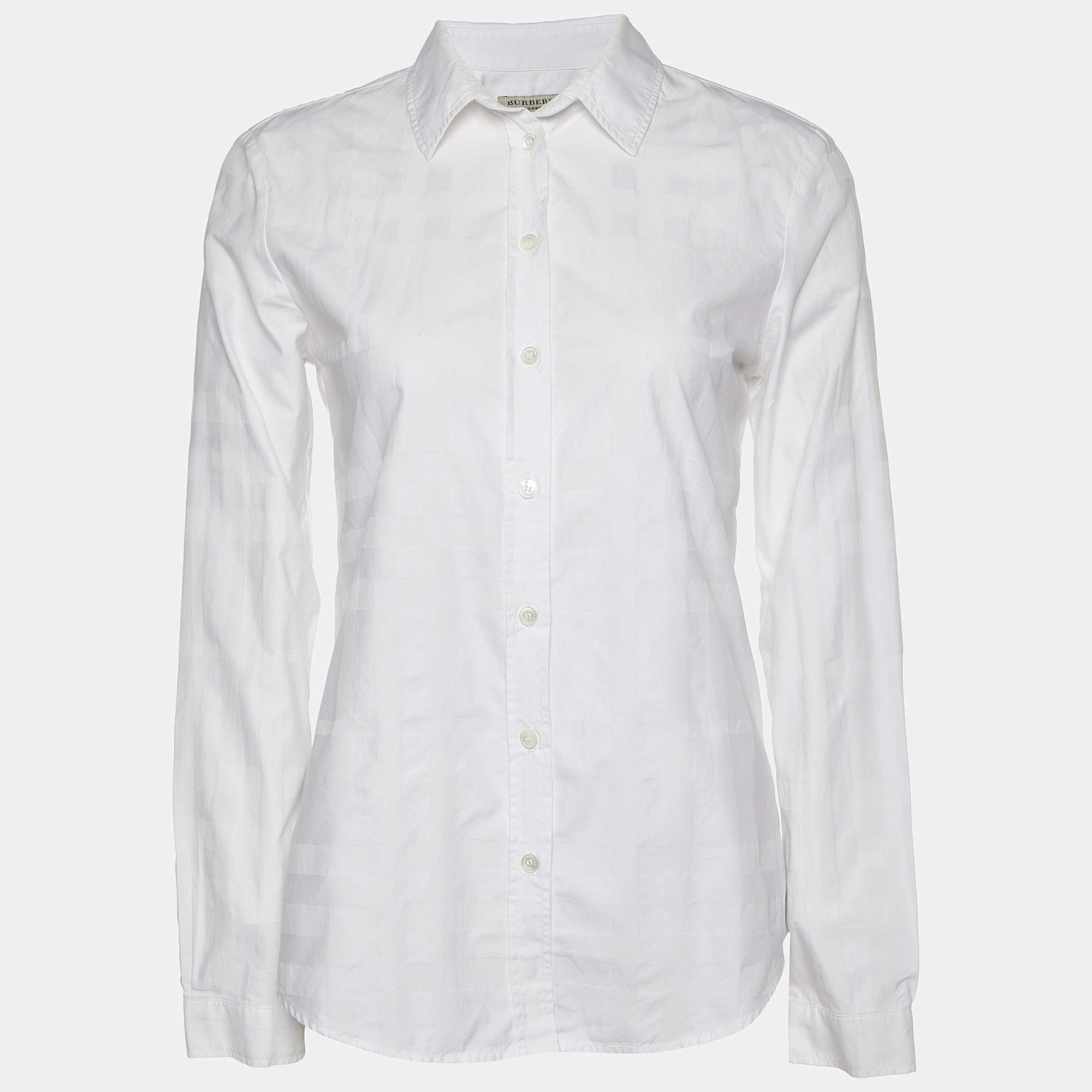 مملوك ة مسبقًا Burberry White Check Pattern Cotton Long Sleeve Shirt S