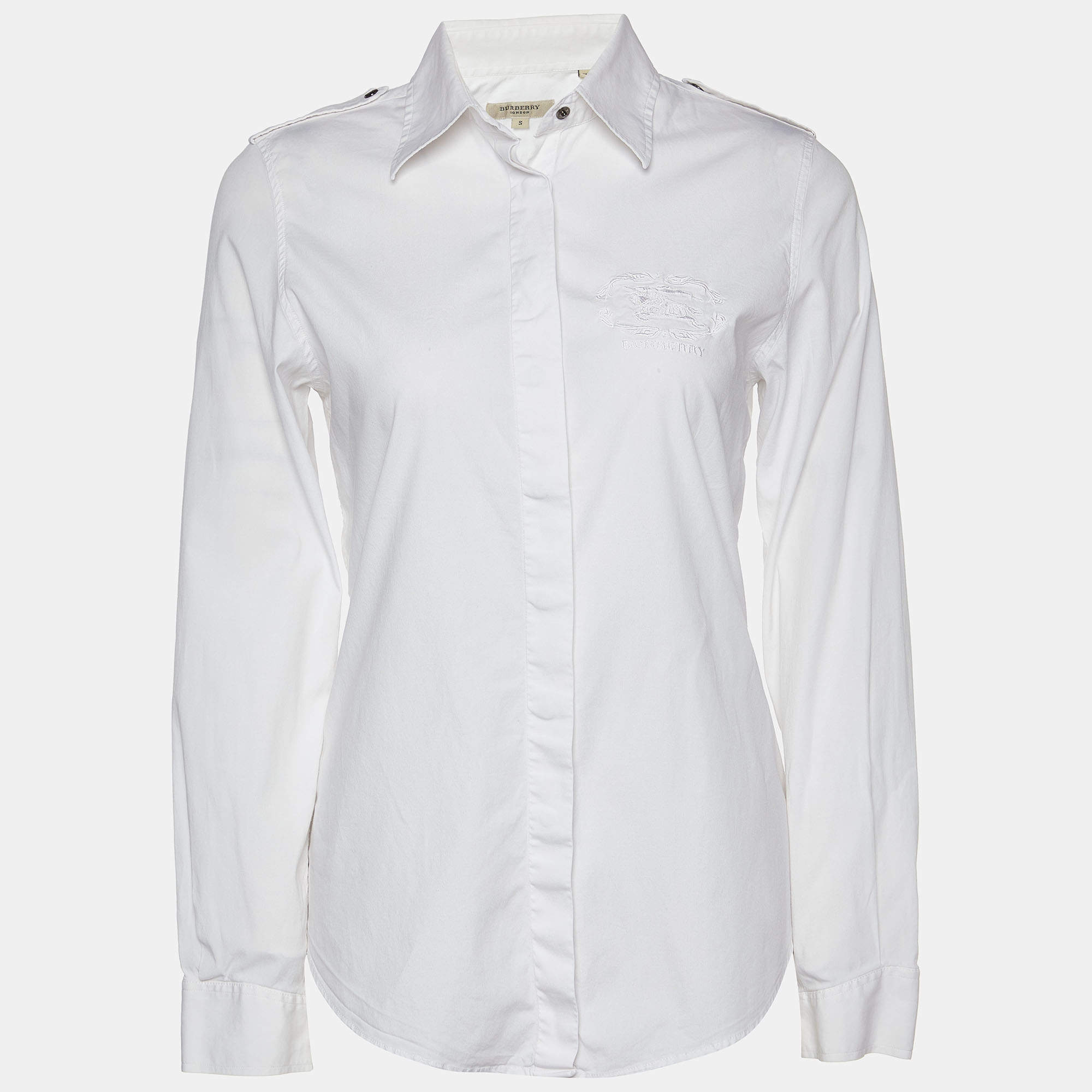 Pre Owned Burberry White Cotton Logo Embroidered Long Sleeve Shirt S