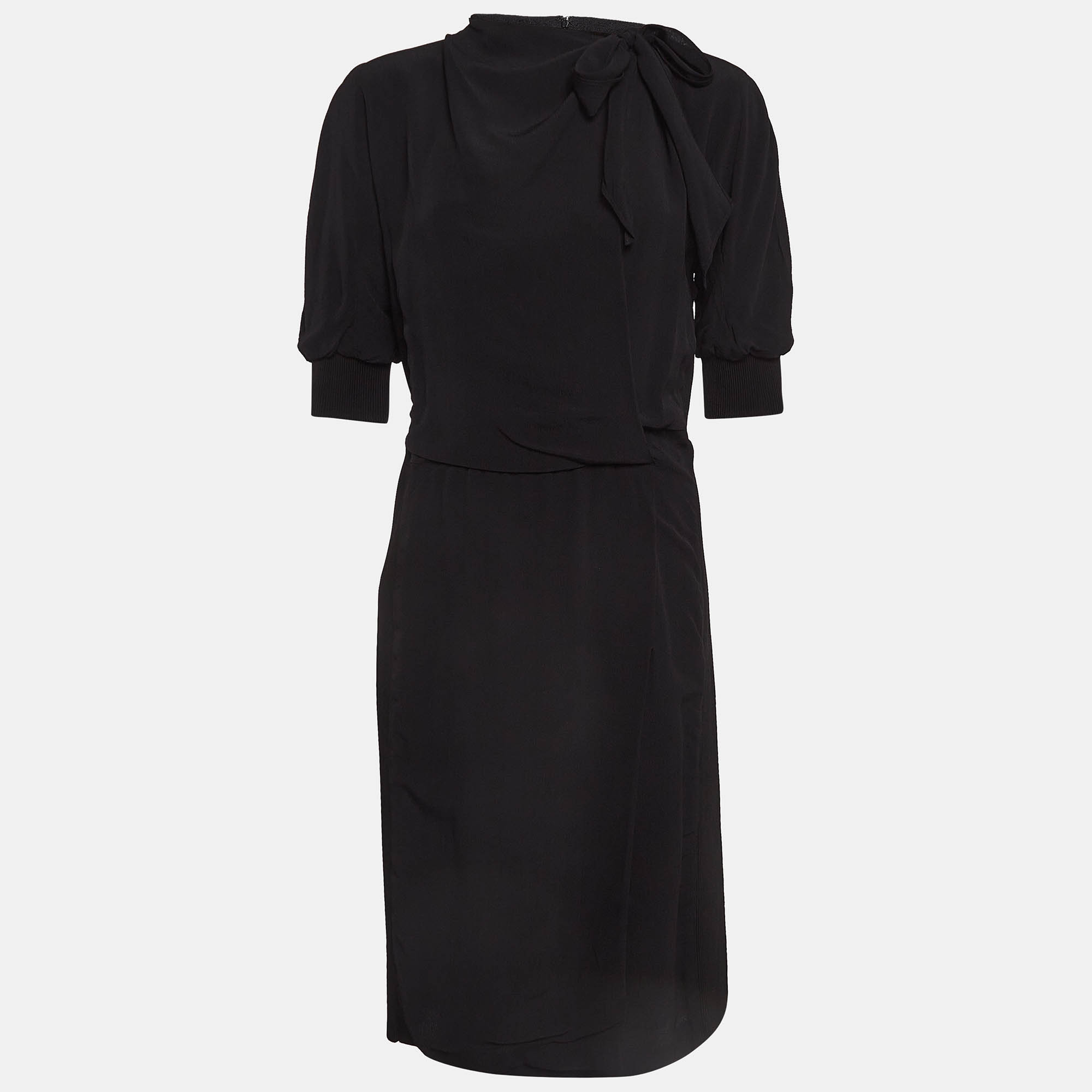 Pre Owned Burberry Black Georgette Tie-up Neck Short Dress S