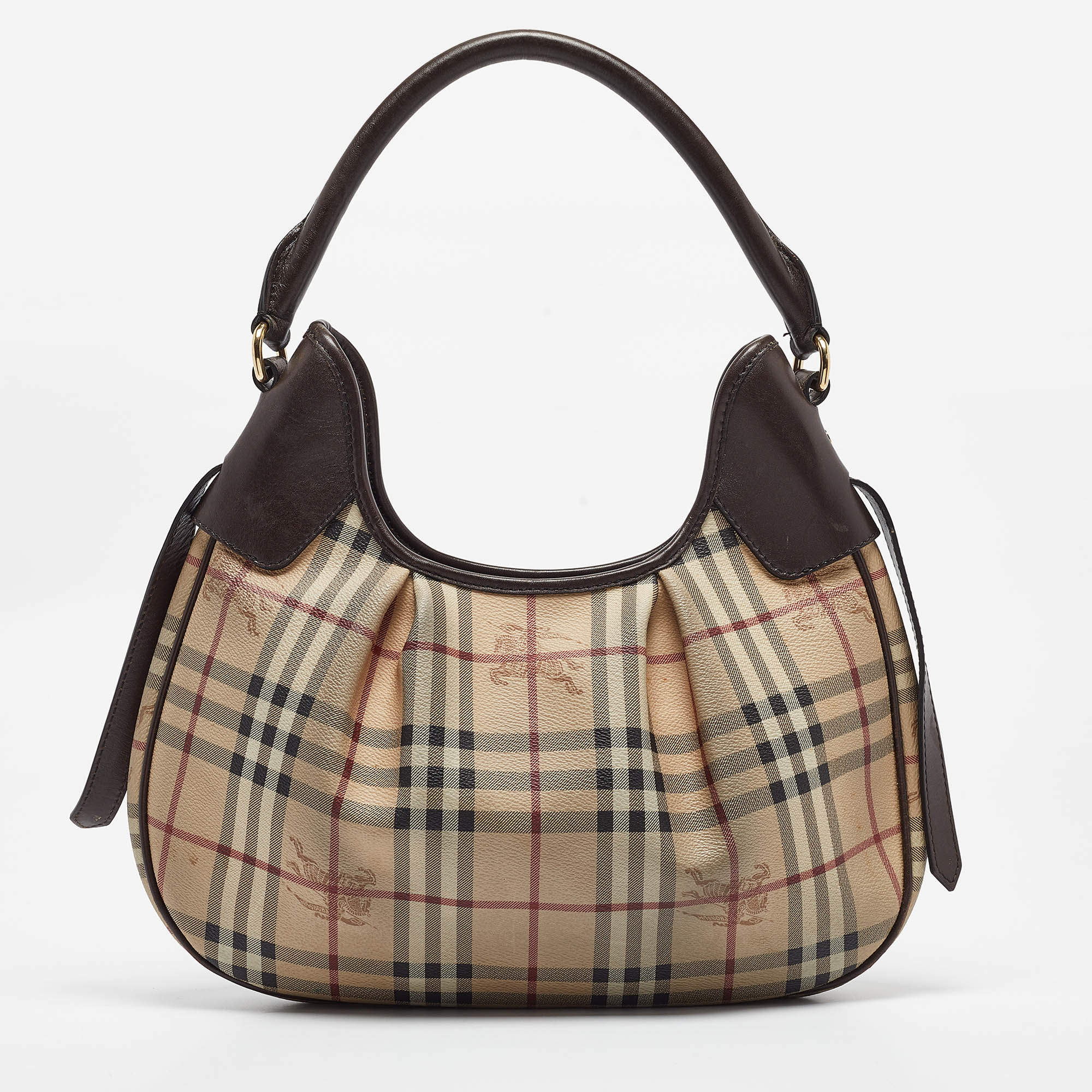 Pre Owned Burberry Brown/Beige Haymarket Coated Canvas and Leather Small Brooklyn Hobo