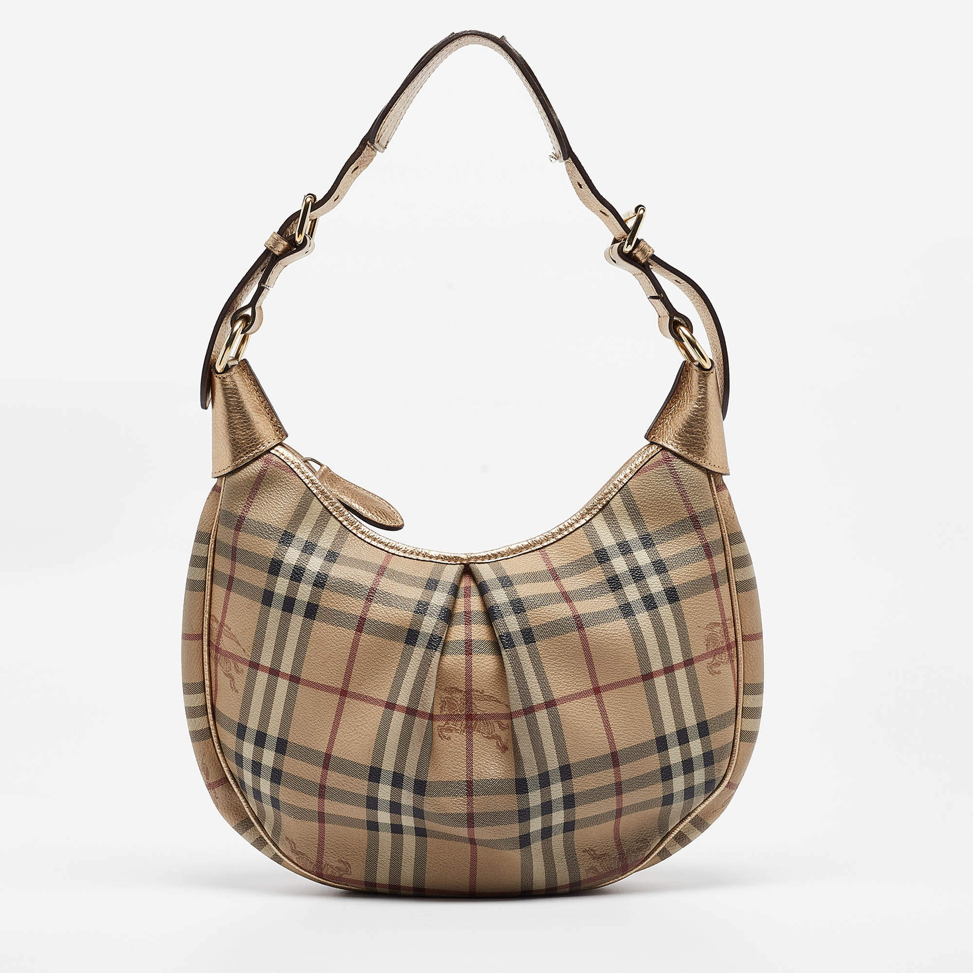Pre Owned Burberry Gold/Beige Haymarket Coated Canvas Hobo