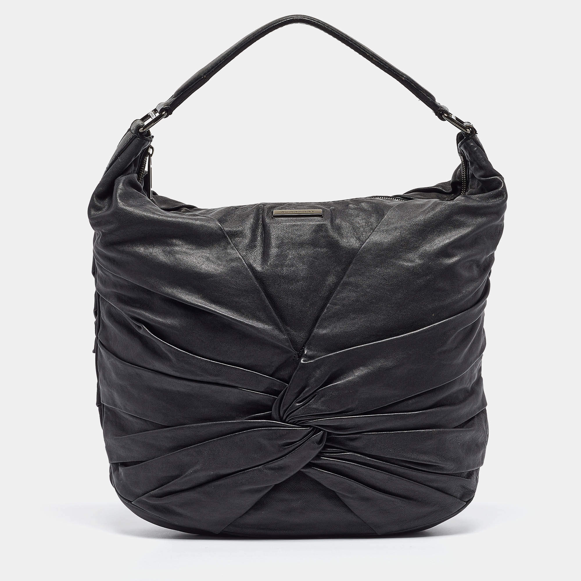 Pre Owned Burberry Black Leather Ruched Hobo