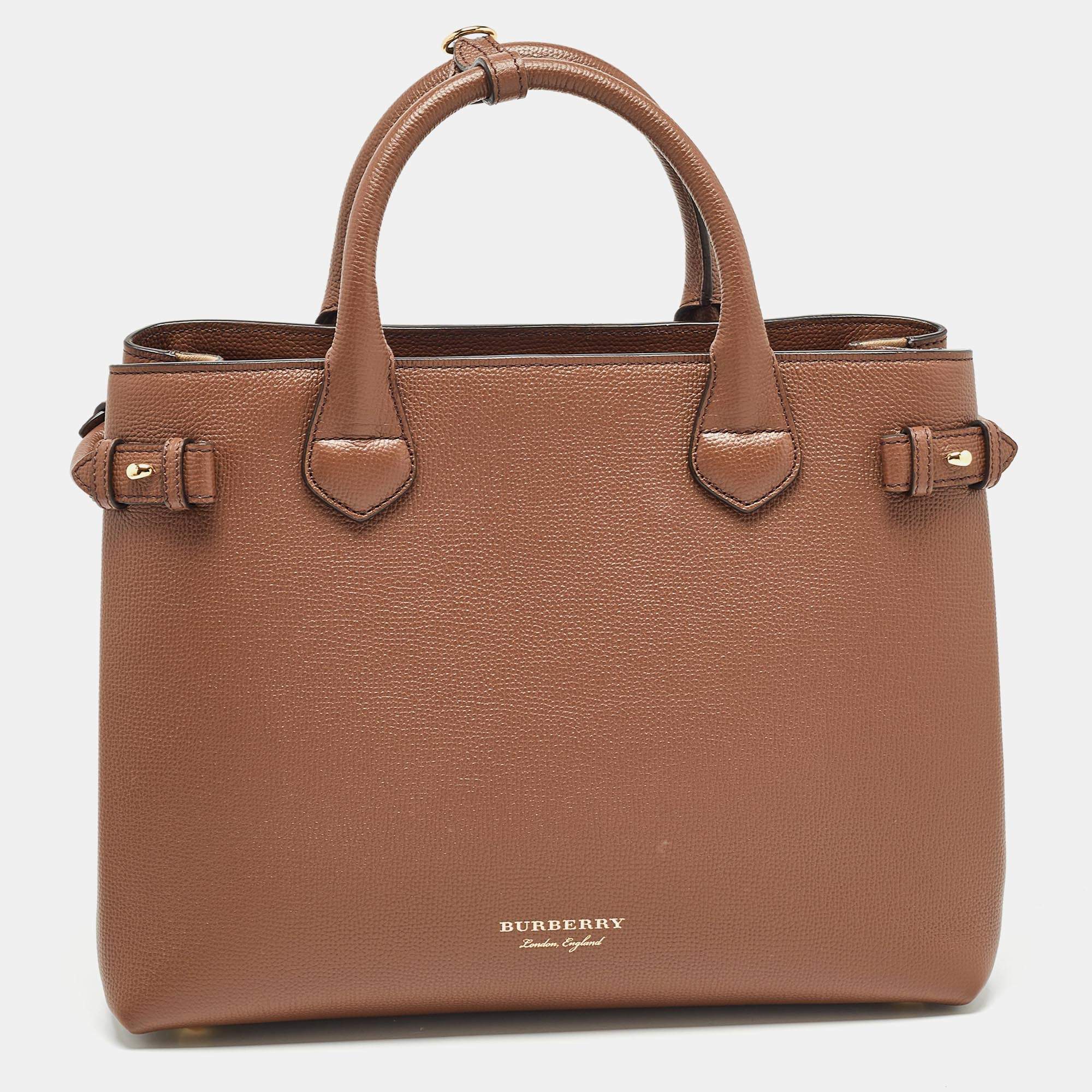 Pre Owned Burberry Brown/Beige Leather and House Check Fabric Medium Banner Tote