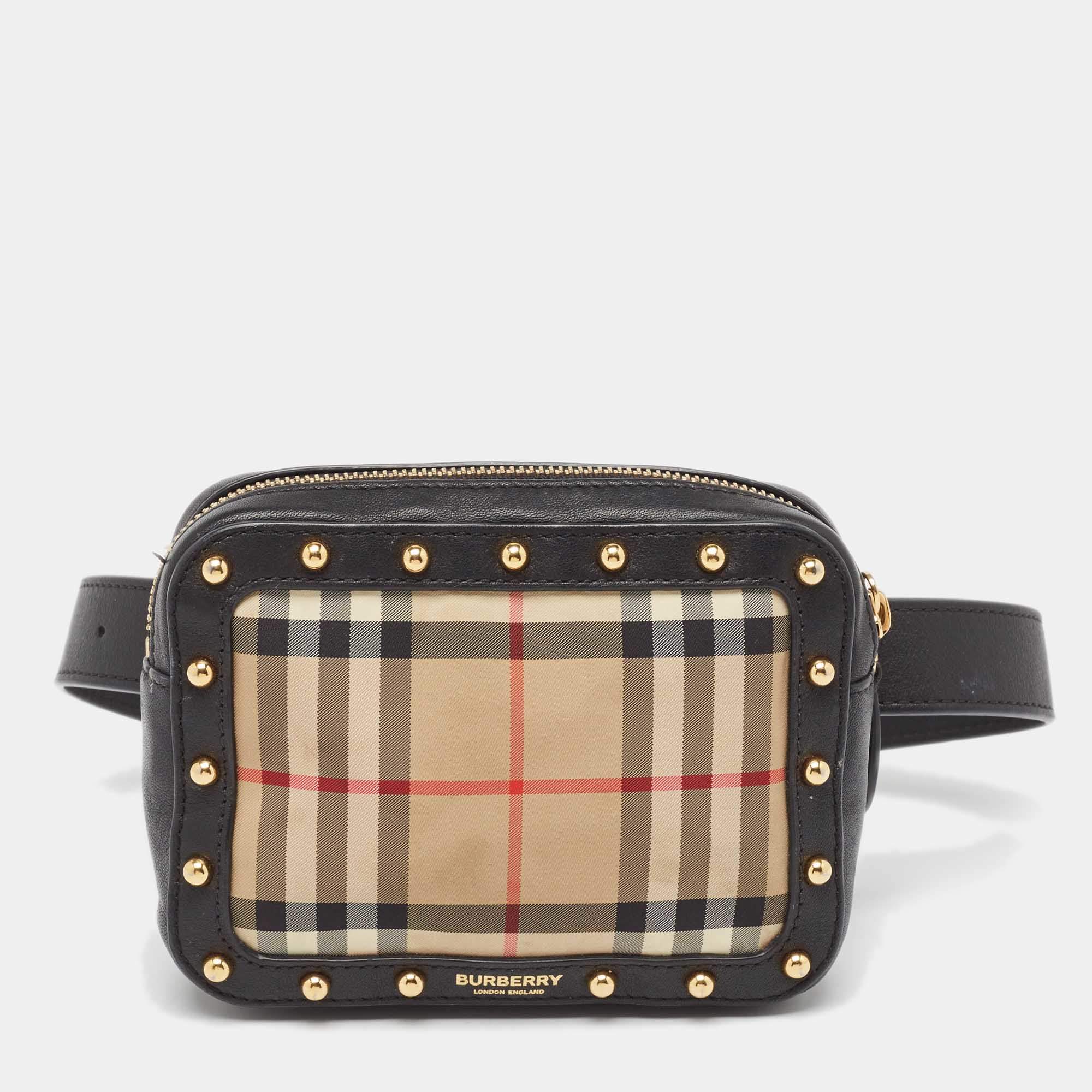 Pre Owned Burberry Black/Beige Nova Check Fabric and Leather Studded Elise Belt Bag