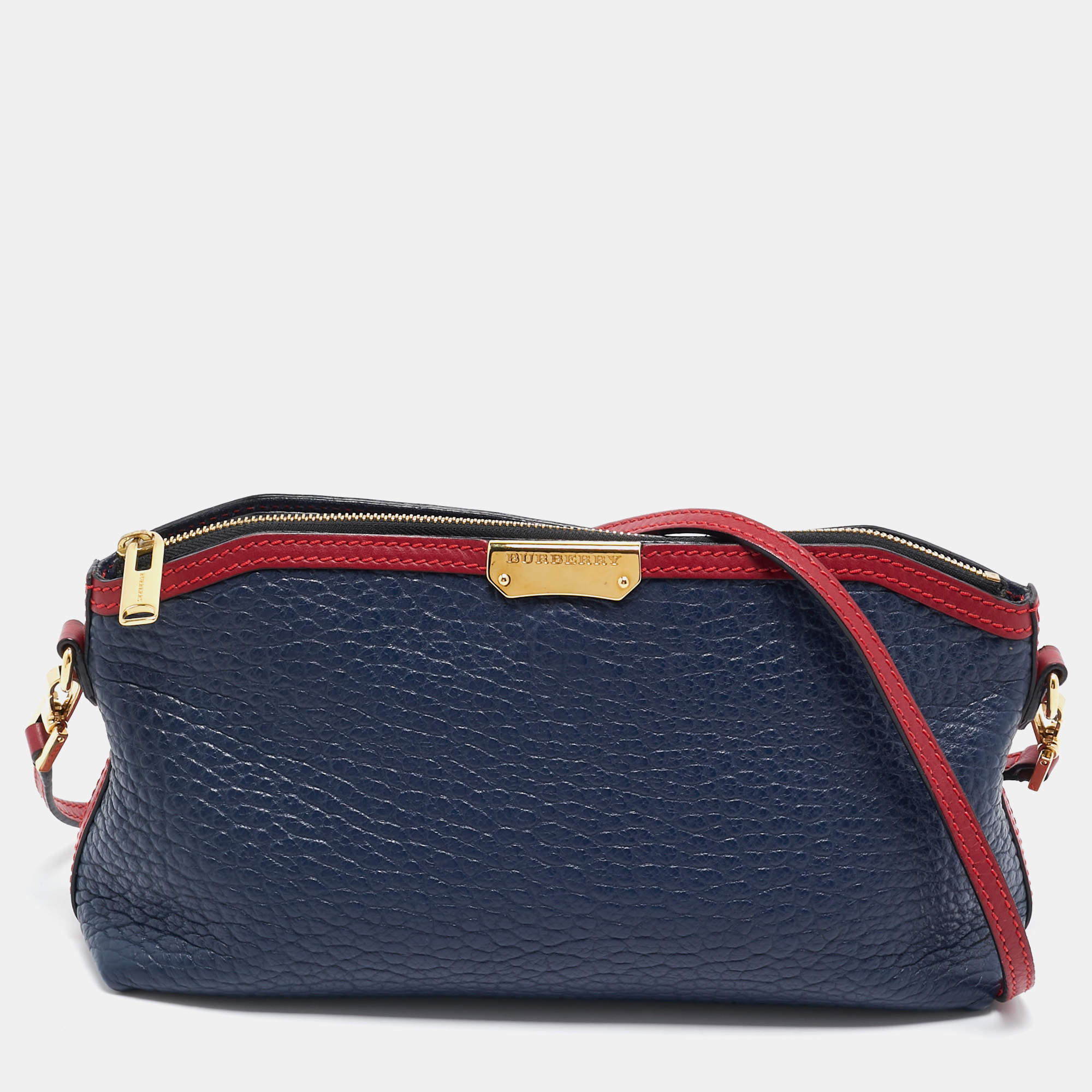 Pre Owned Burberry Navy Blue/Red Leather Peyton Crossbody Bag