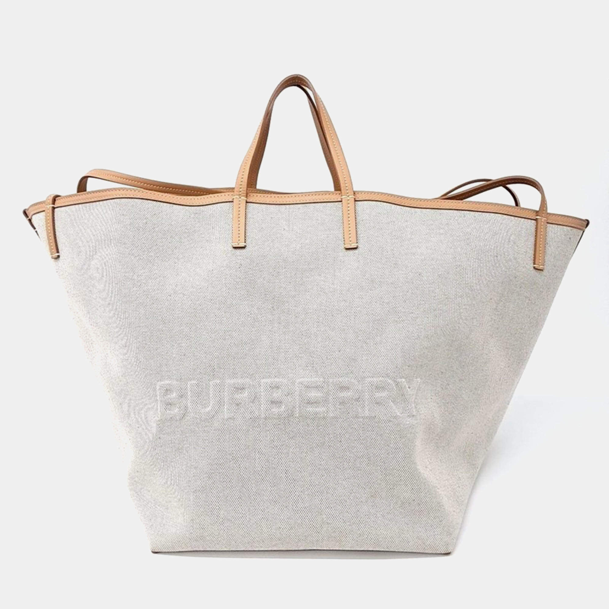 Burberry Cream/Brown Canvas XL Beach Canvas Tote Bag