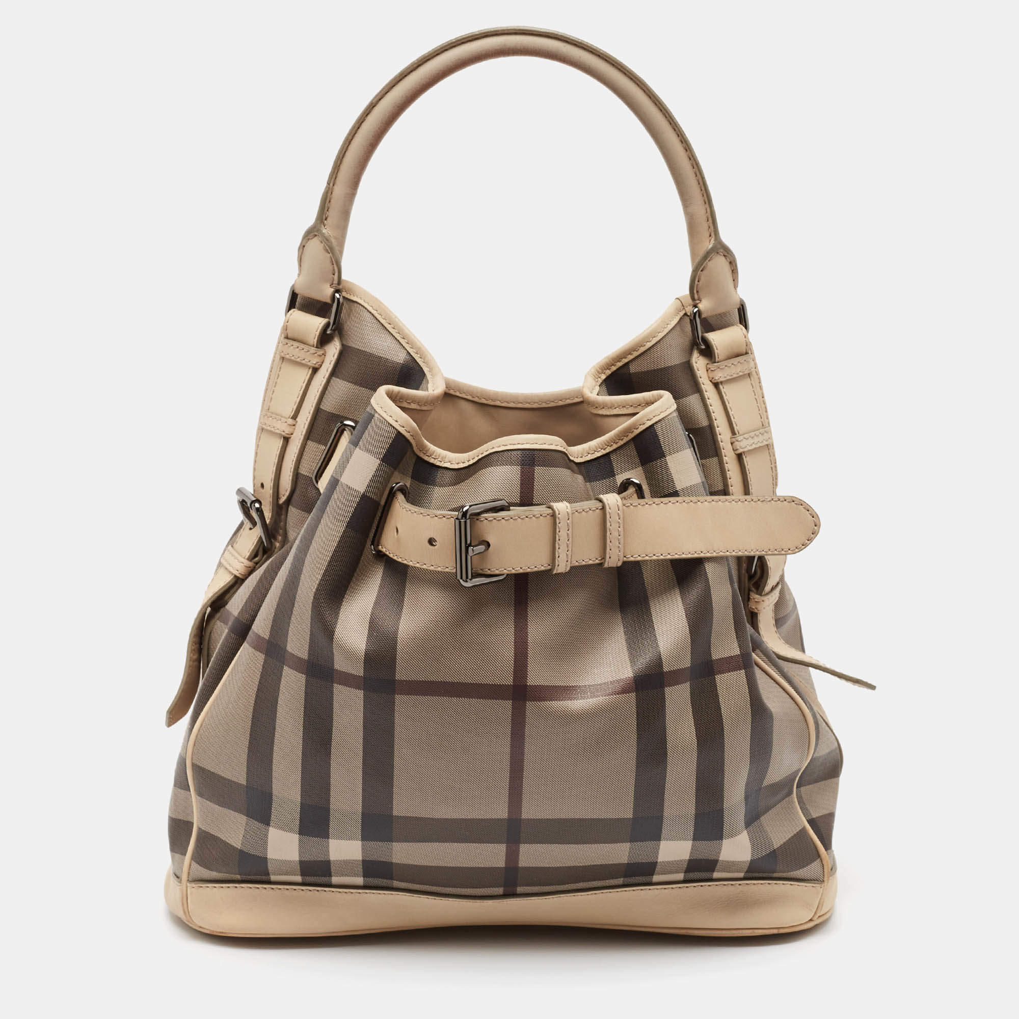 Pre Owned Burberry Smoke Check Coated Canvas and Leather Walden Tote