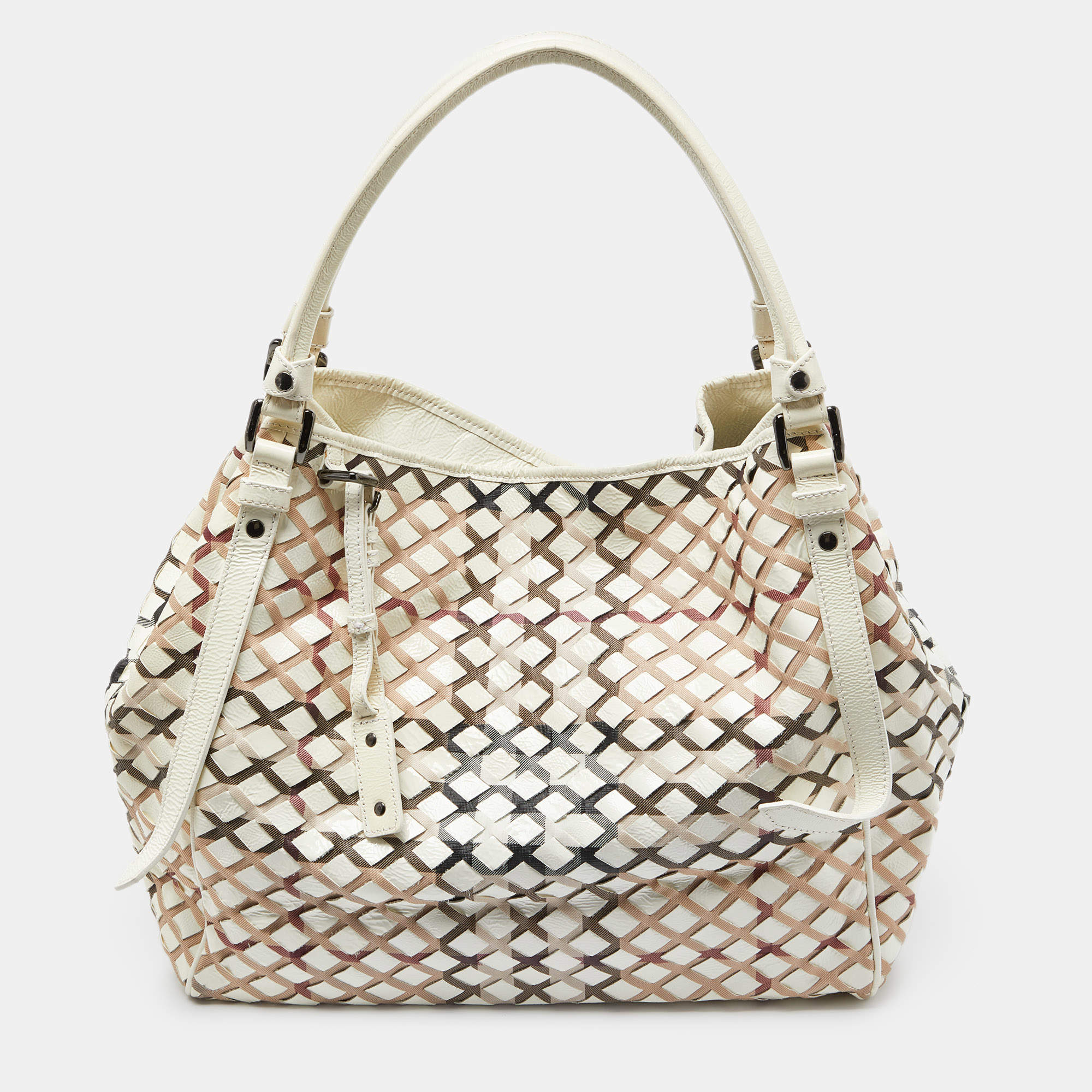 Burberry Beige House Check Canvas and Patent Leather Tote