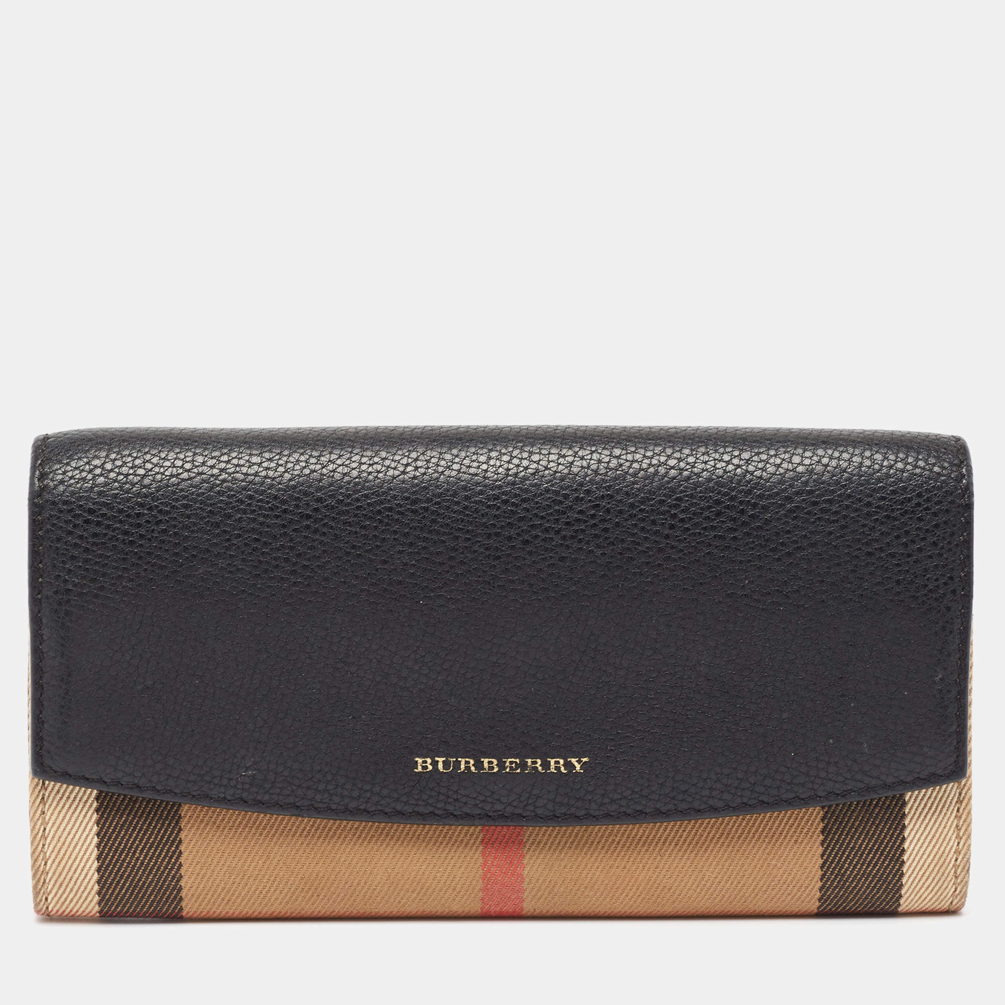 Burberry Black/Beige House Check Canvas and Leather Flap Continental Wallet