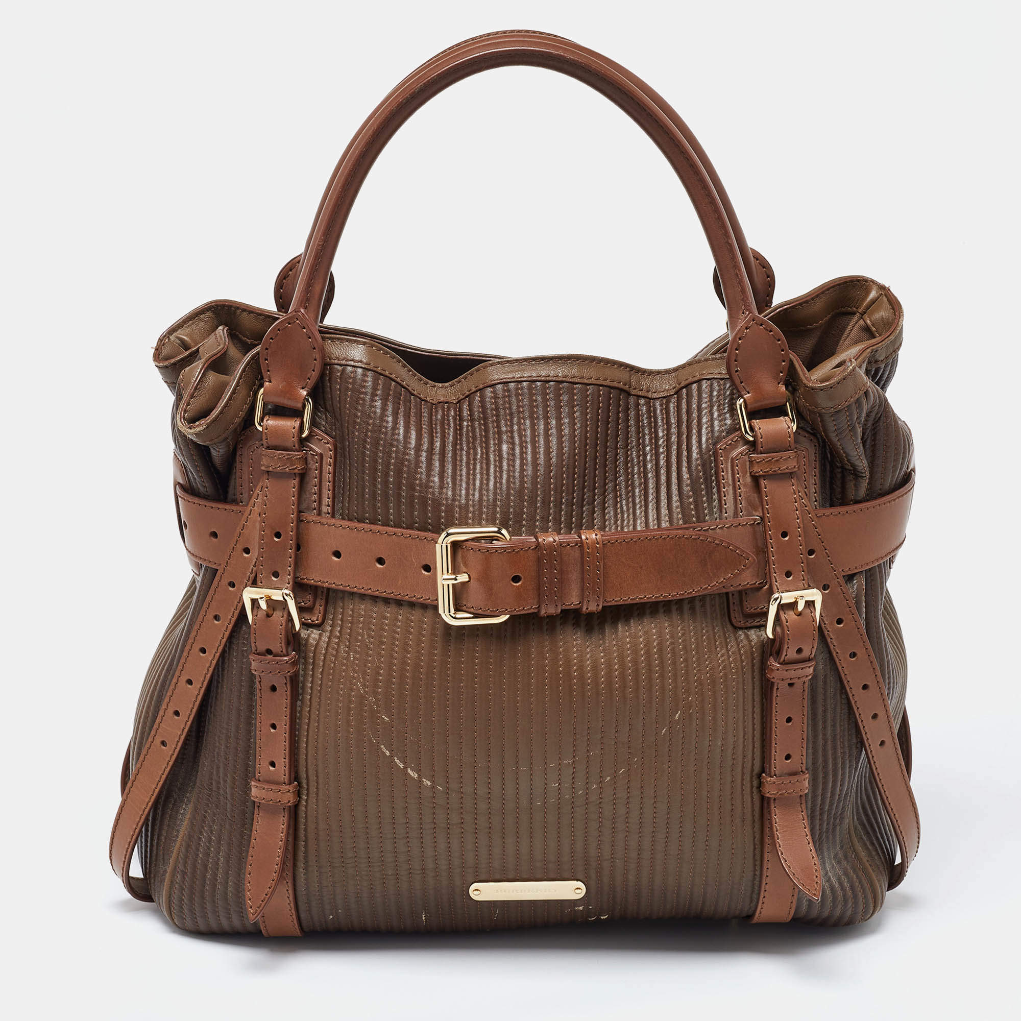 Burberry Two Tone Brown Leather Stitched Bridle Tote