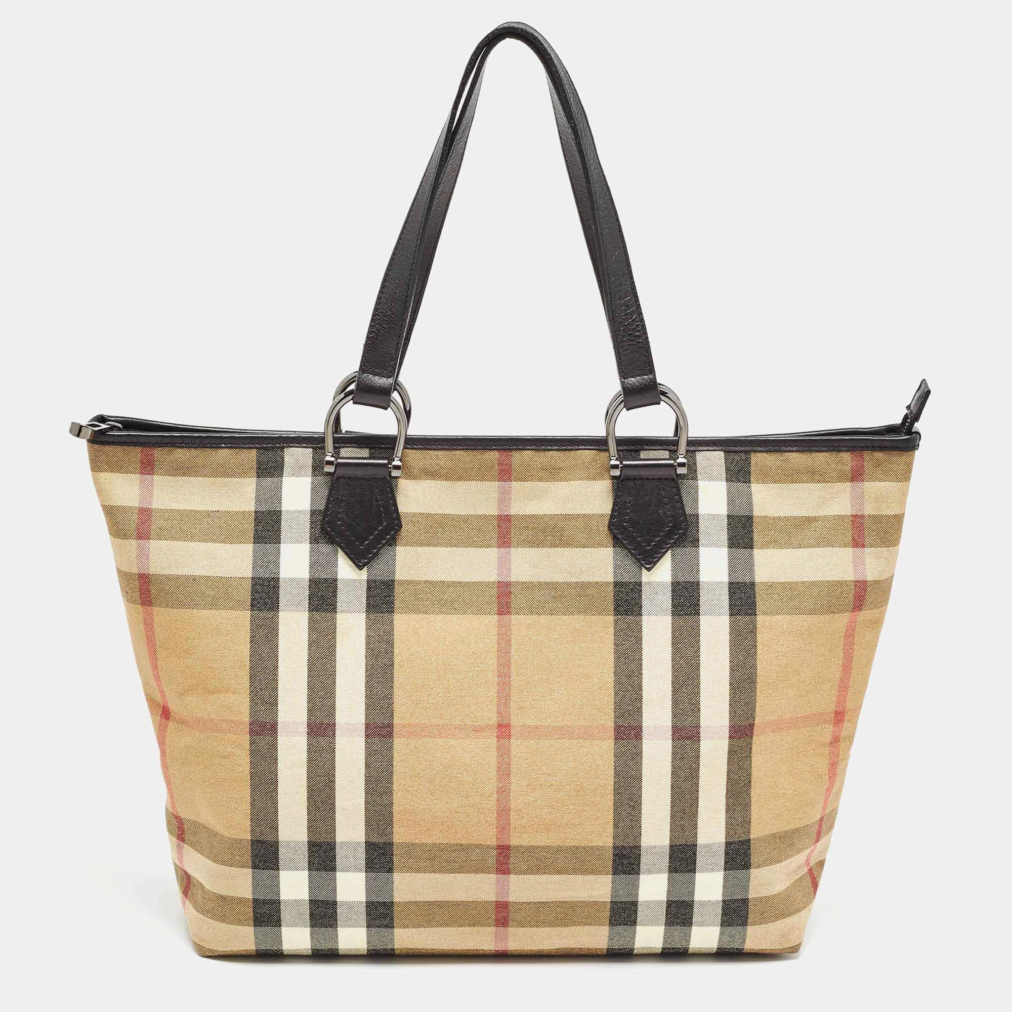 Burberry Beige/Black House Check Shimmer Fabric and Leather Nickie Tote