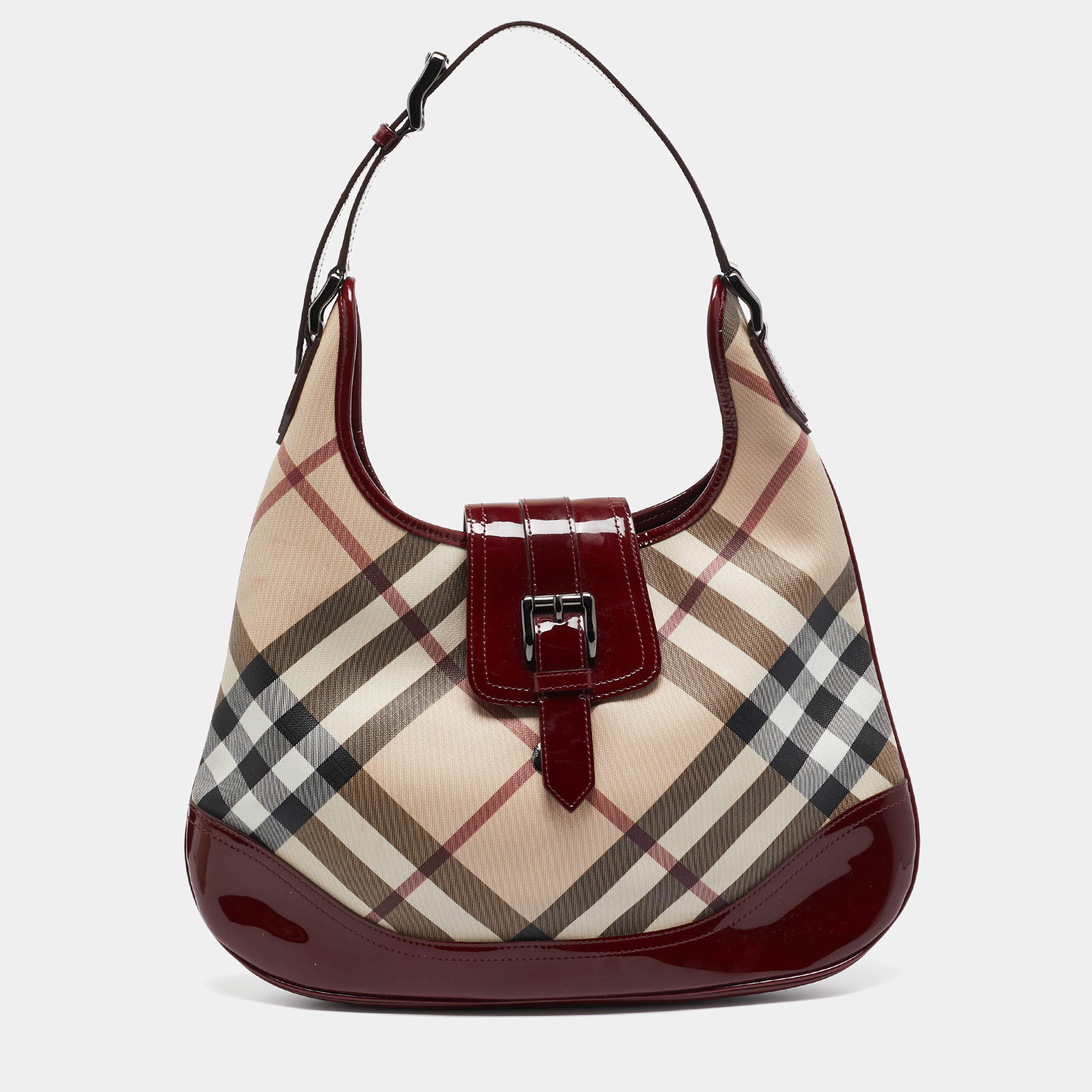 Pre Owned Burberry Burgundy/Beige Nova Check PVC and Patent Leather Brooke Hobo