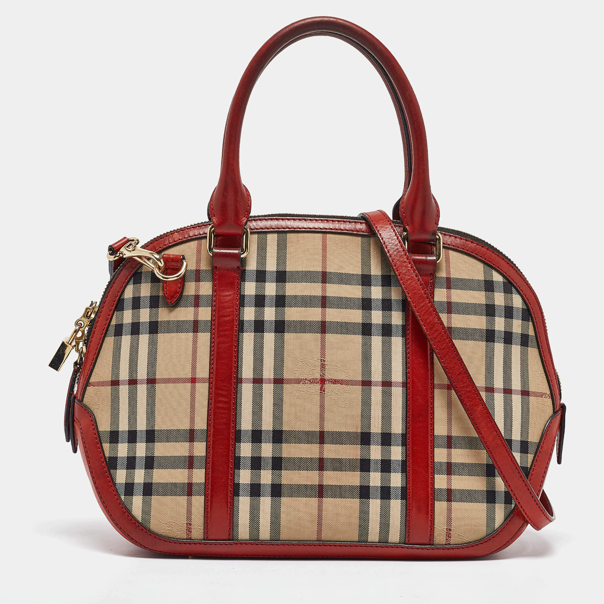 Pre Owned Burberry Beige/Red Haymarket Check Nylon and Leather Small Orchard Bag