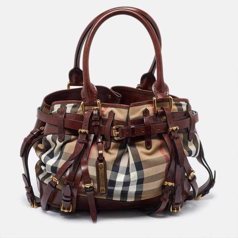 Pre Owned Burberry Brown/Beige House Check Fabric and Leather Tote