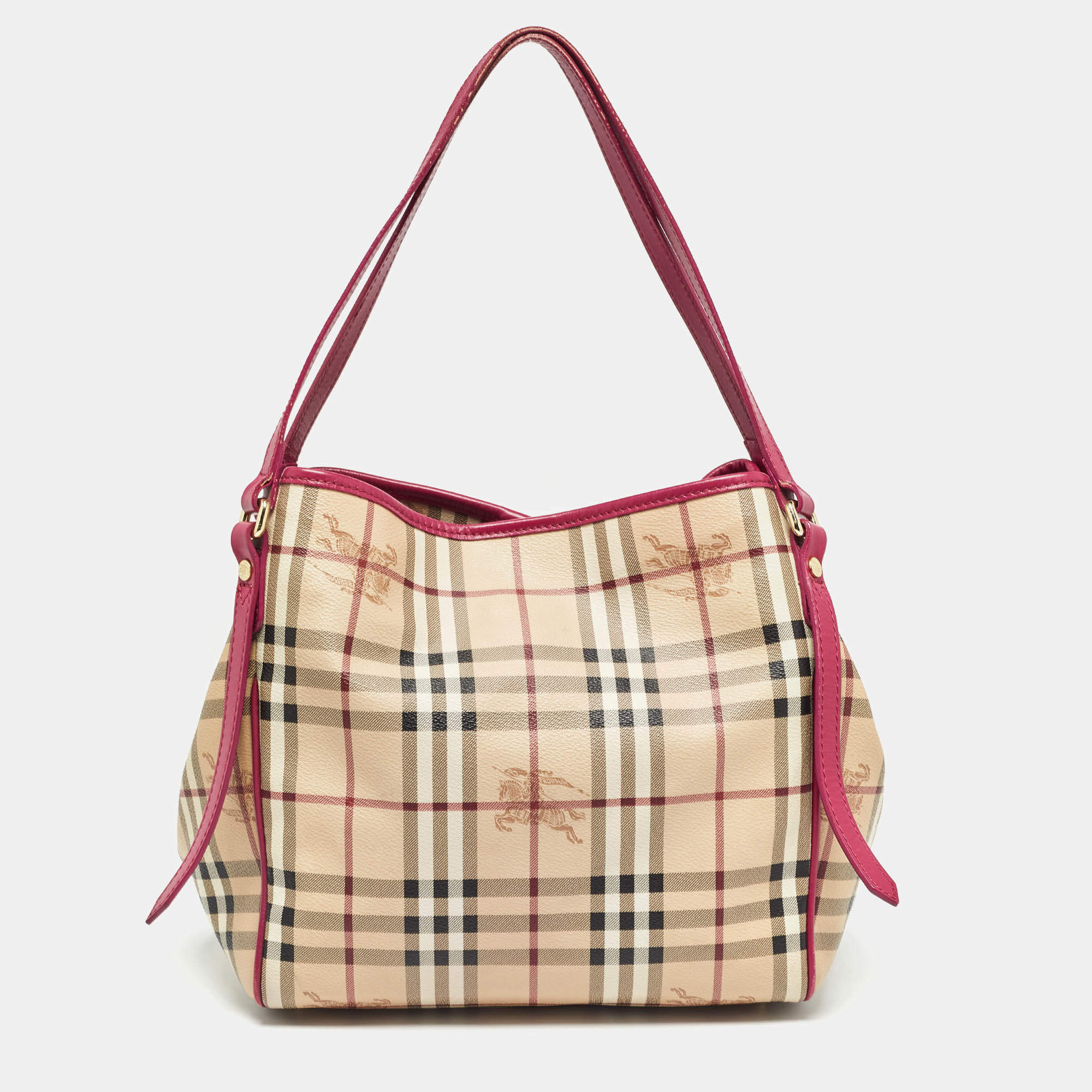 Pre Owned Burberry Pink/Beige Haymarket Check Coated Canvas and Leather Small Canterbury Tote