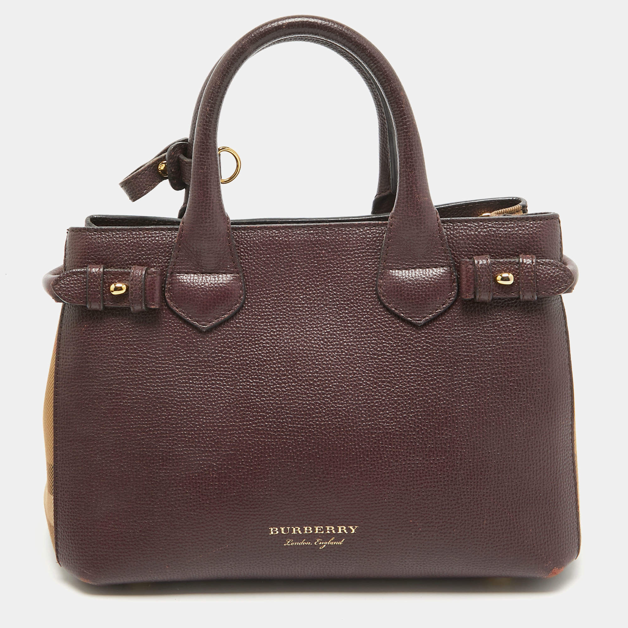 مملوكة مسبقًا Burberry Burgundy Leather and House Check Fabric Small Banner Tote