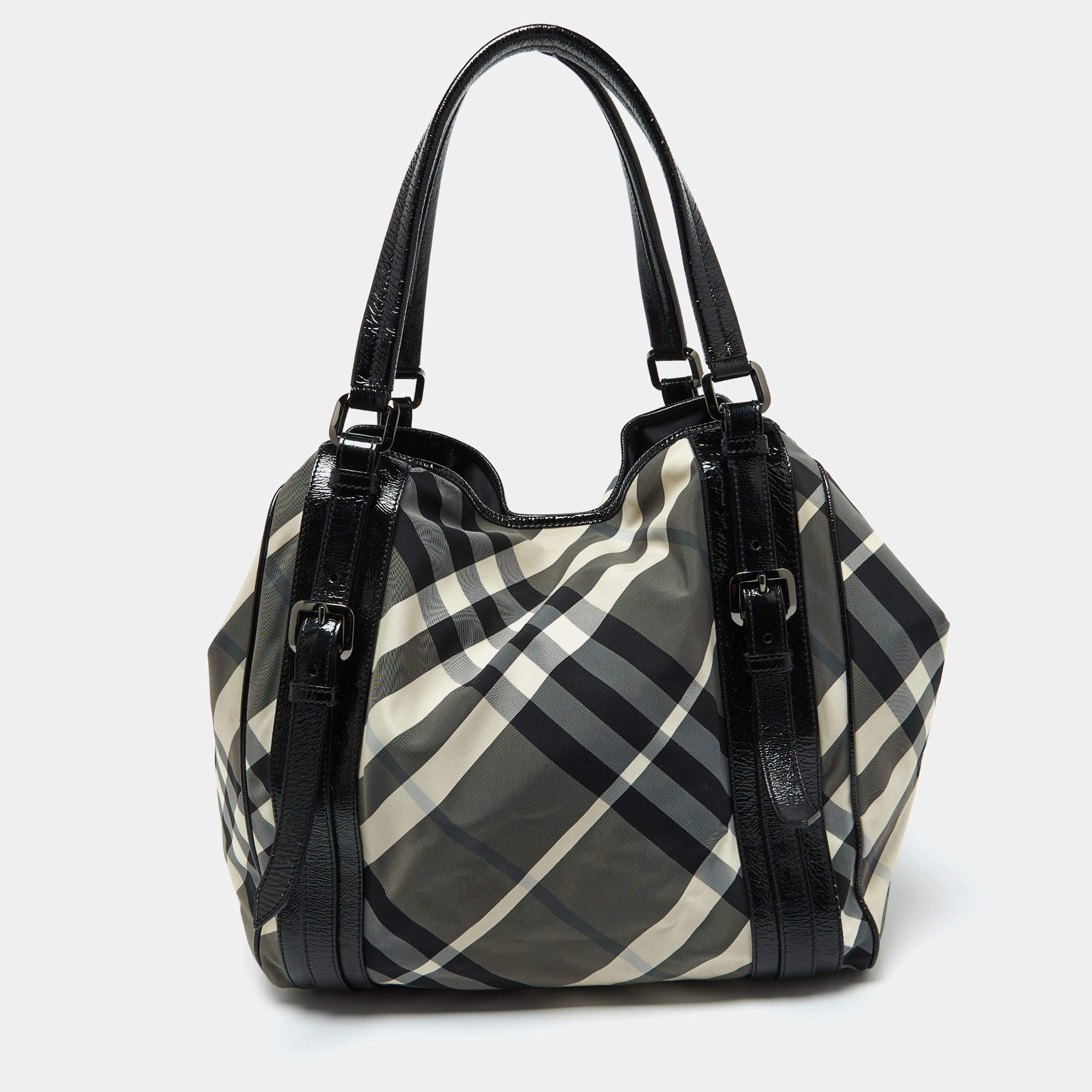 Pre Owned Burberry Black Beat Check Nylon and Patent Leather Large Victoria Tote