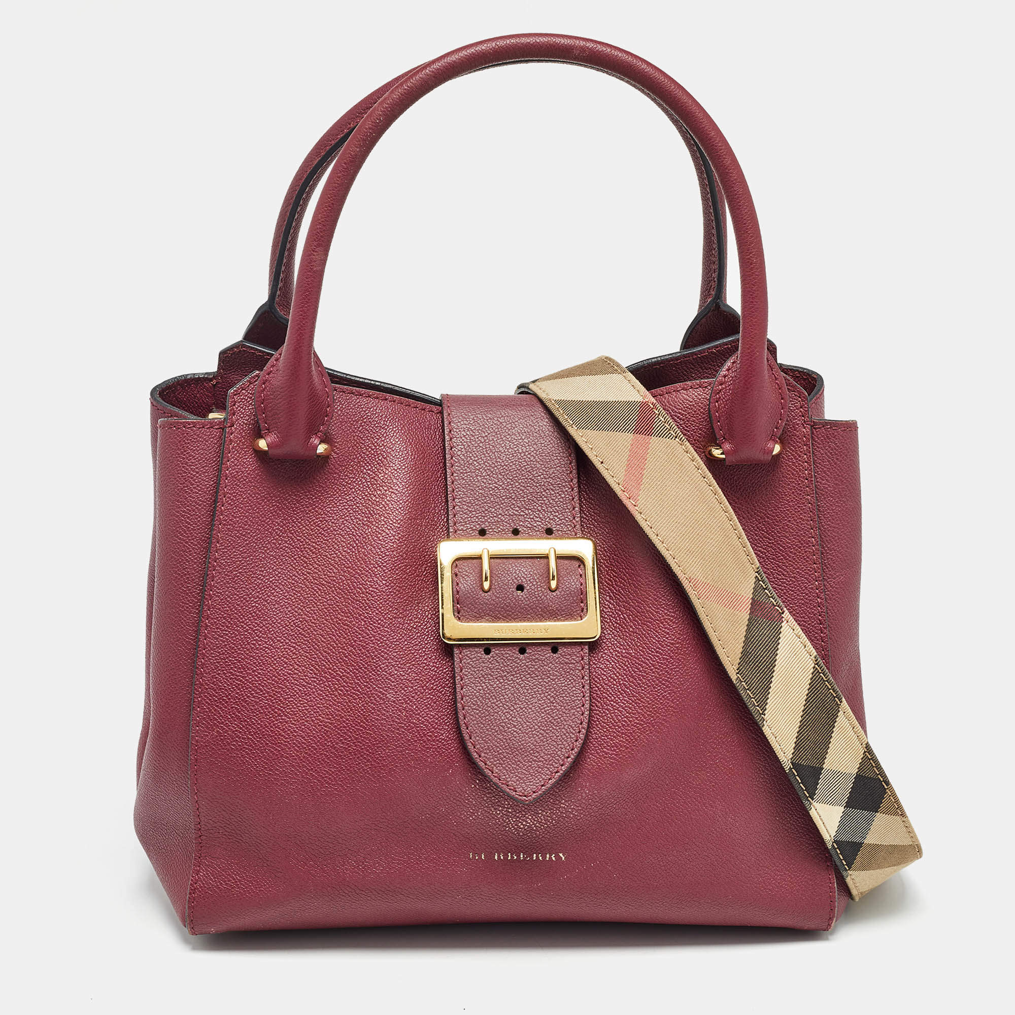 Pre Owned Burberry Burgundy Leather Buckle Tote