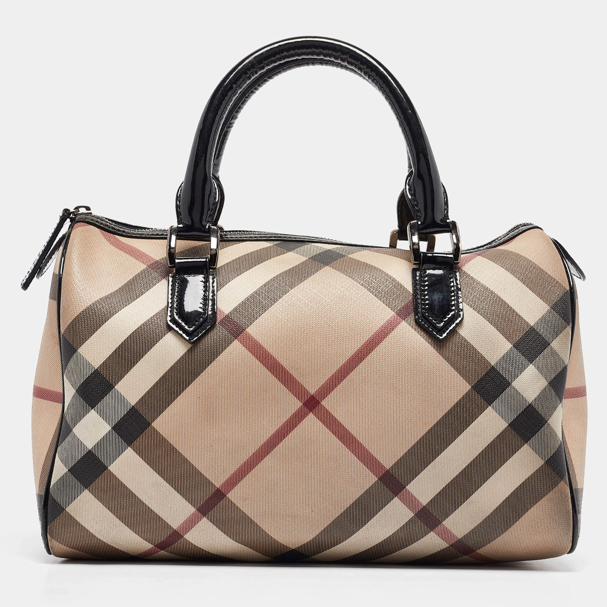 Pre Owned Burberry Black/Beige Nova Check Medium PVC and Patent Leather Chester Boston Bag
