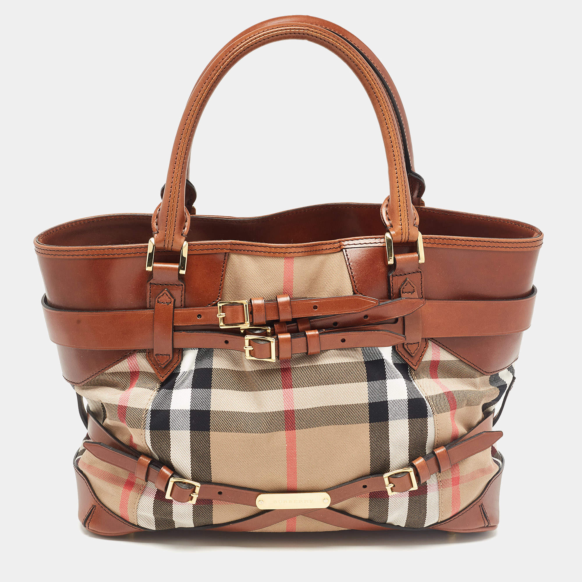 Burberry Brown/Beige House Check Canvas and Leather Medium Bridle Lynher Tote