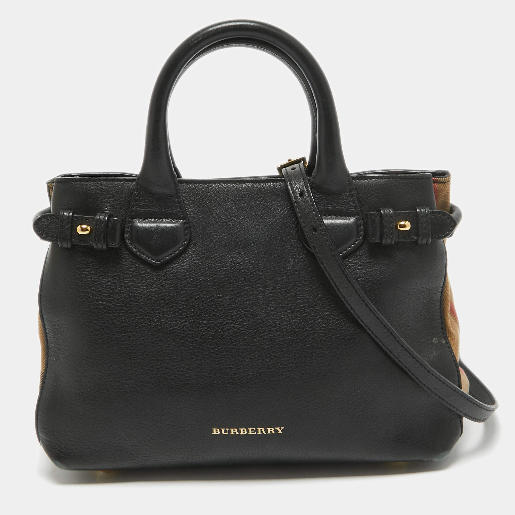 Pre Owned Burberry Black/Beige House Check Fabric and Leather Small Banner Tote