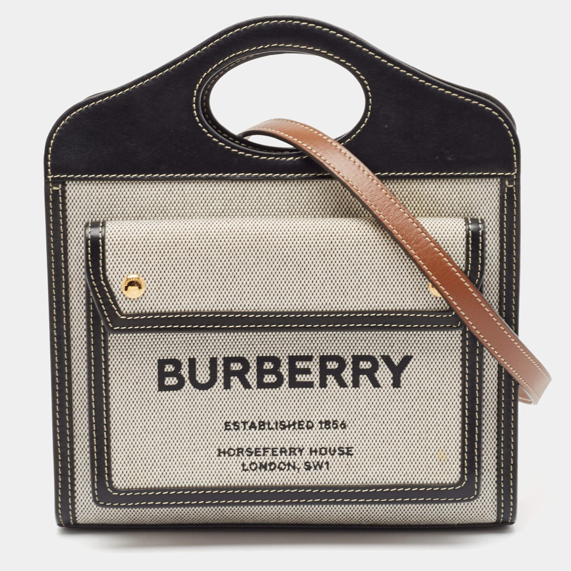 Pre Owned Burberry Black/Grey Leather and Canvas Mini Pocket Tote