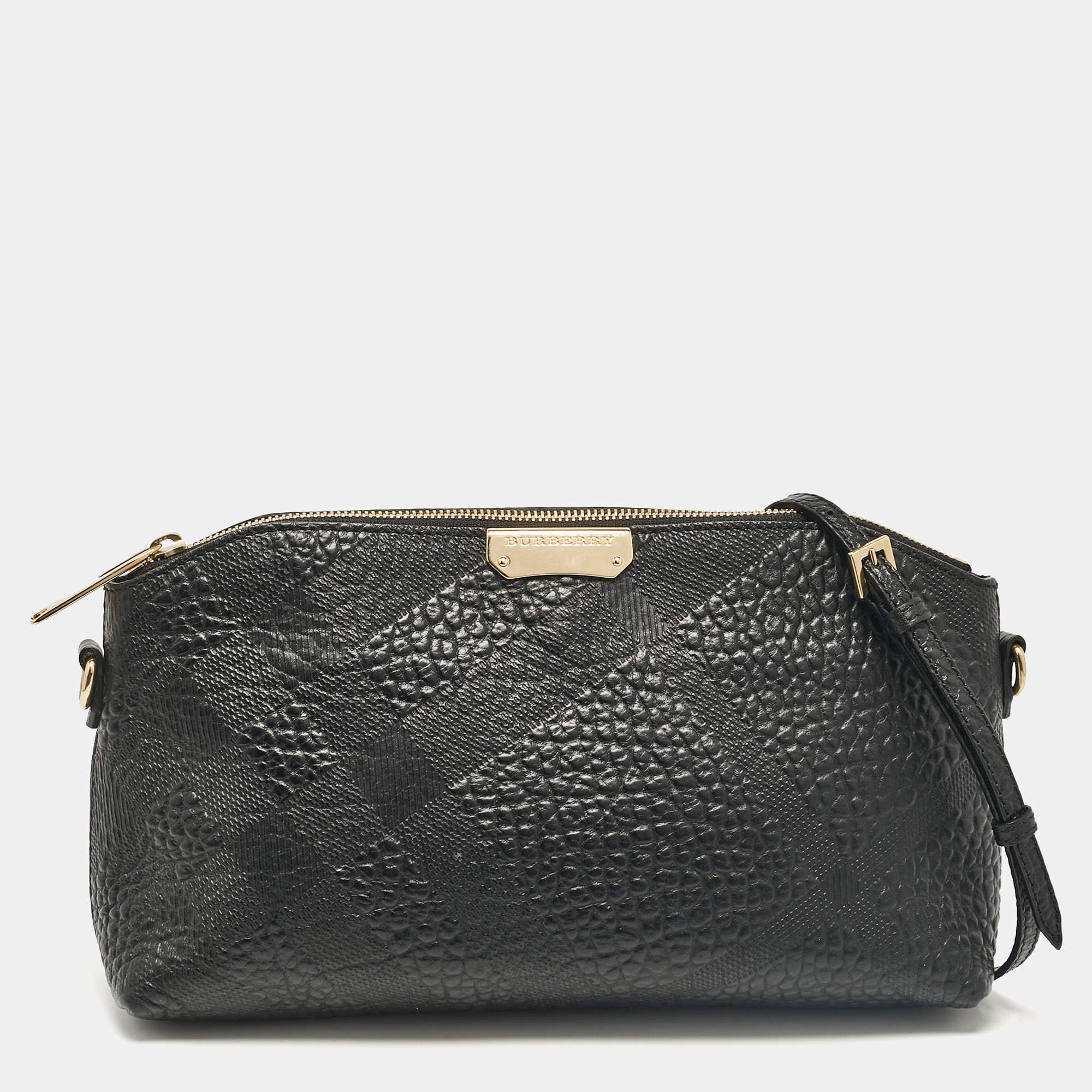Pre Owned Burberry Black Embossed Check Leather Chichester Crossbody Bag