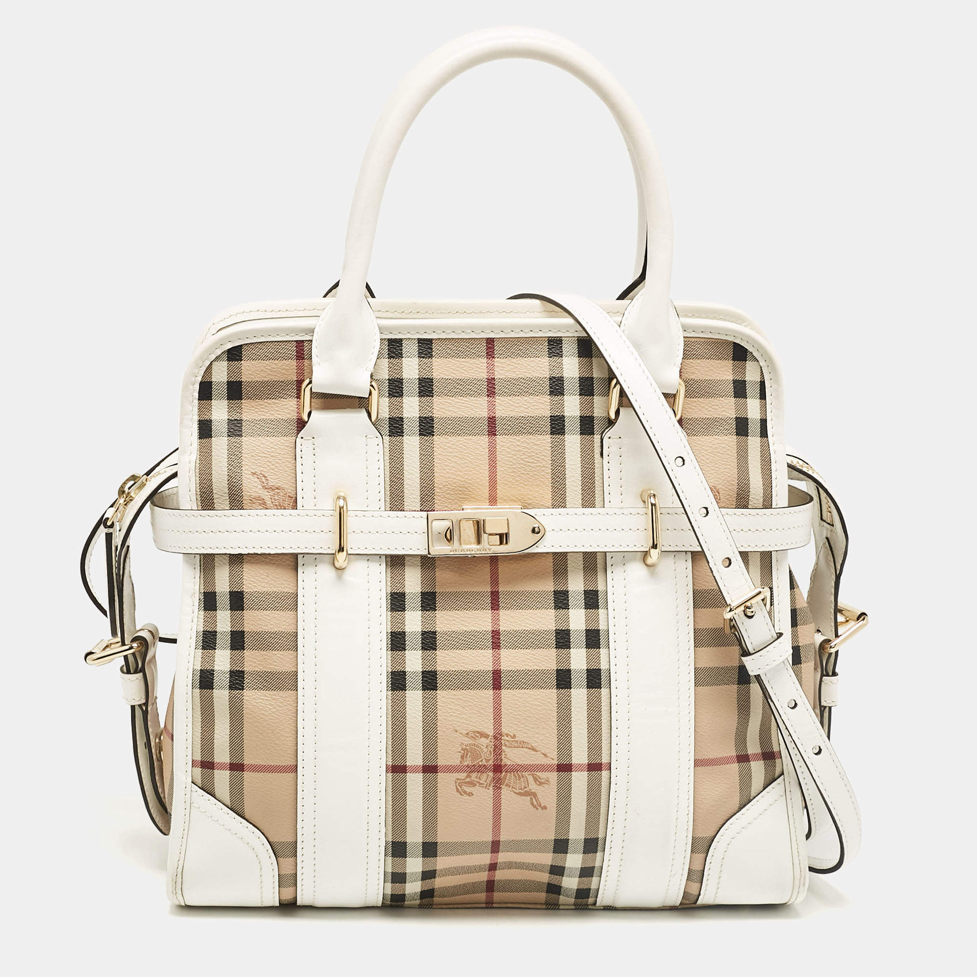 Burberry White/Beige Haymarket PVC and Leather PVC Minford Satchel