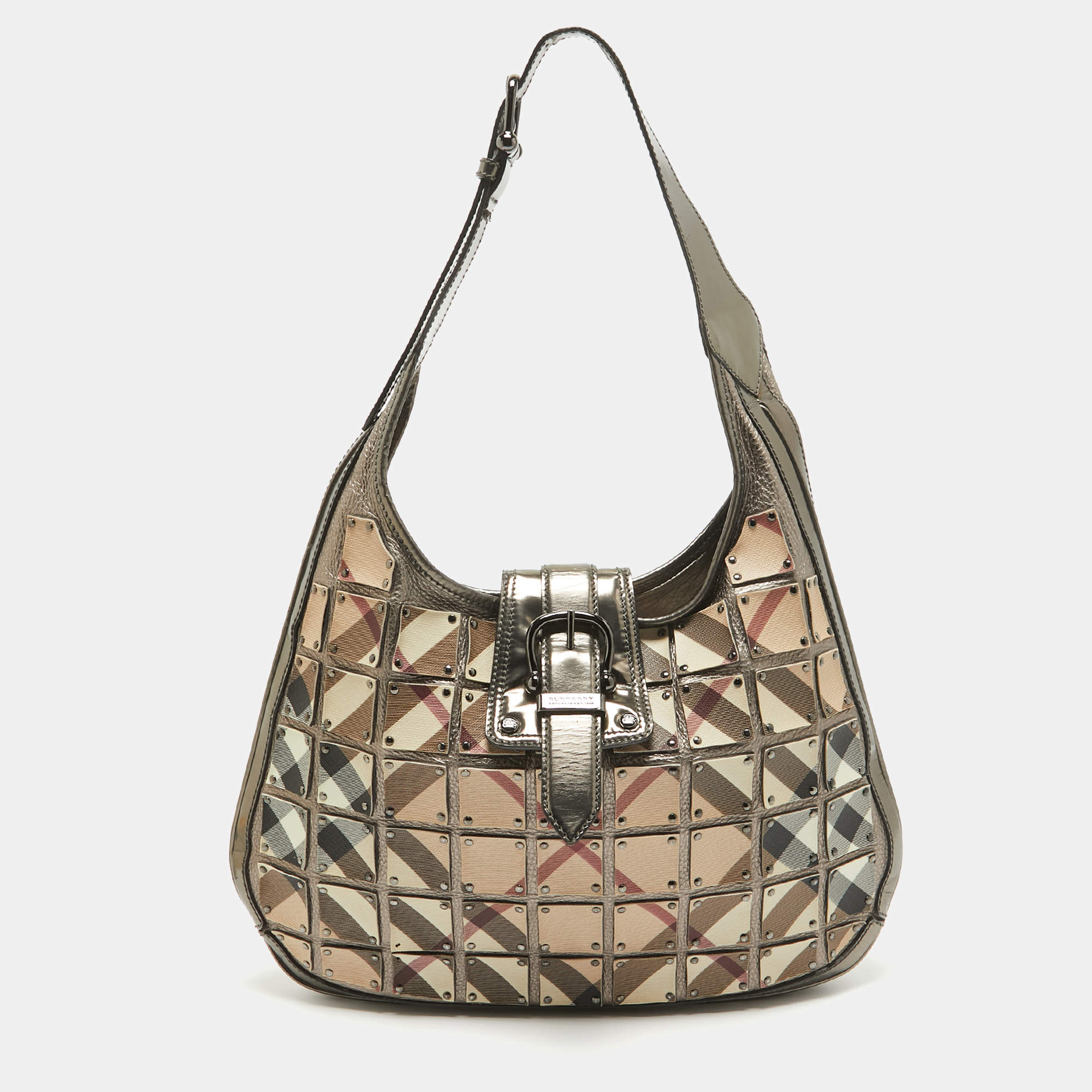 Pre Owned Burberry Metallic/Beige Nova Check Canvas and Leather Studded Brooke Warrior Hobo