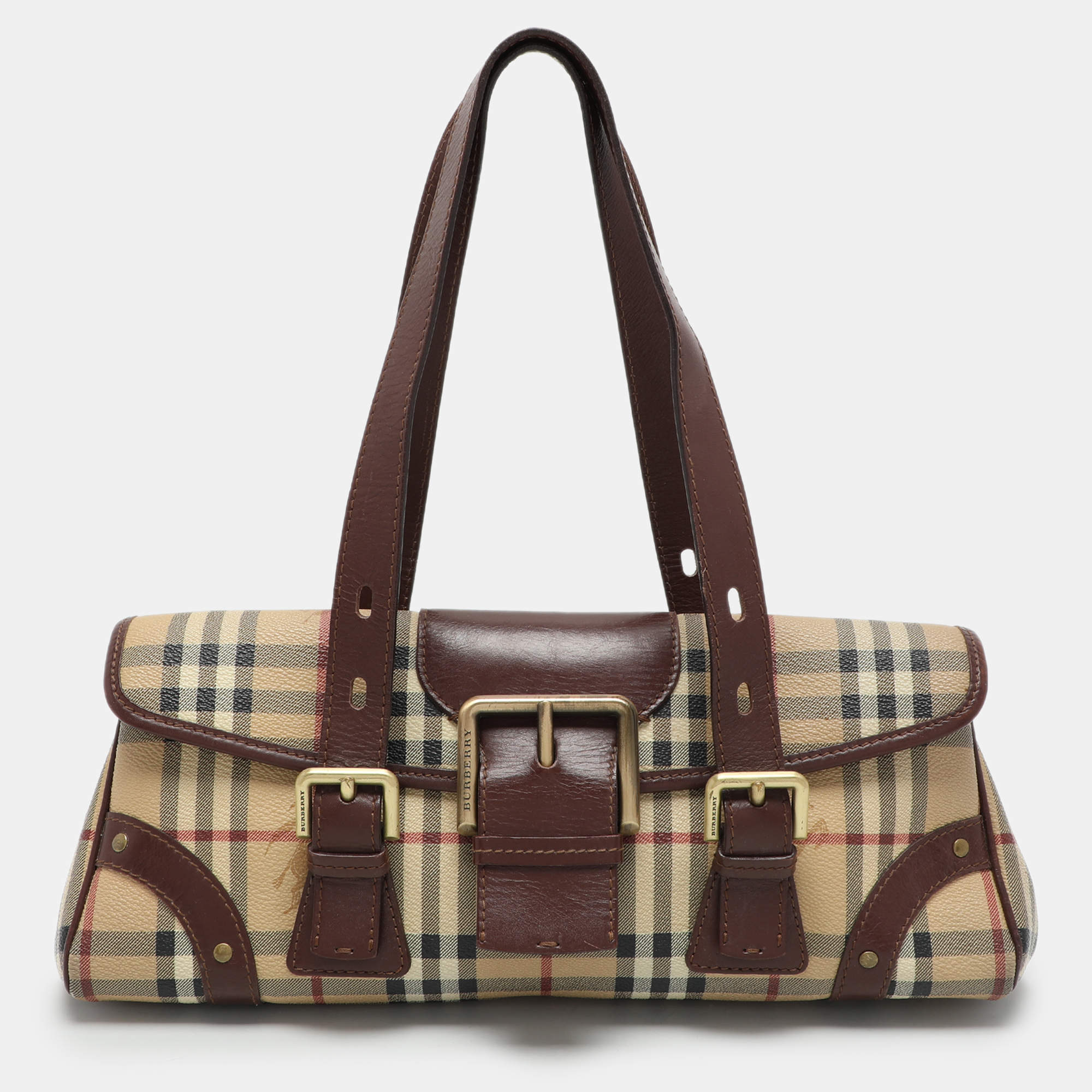 Pre Owned Burberry Brown/Beige Haymarket Check Coated Canvas and Leather Buckle Flap Satchel