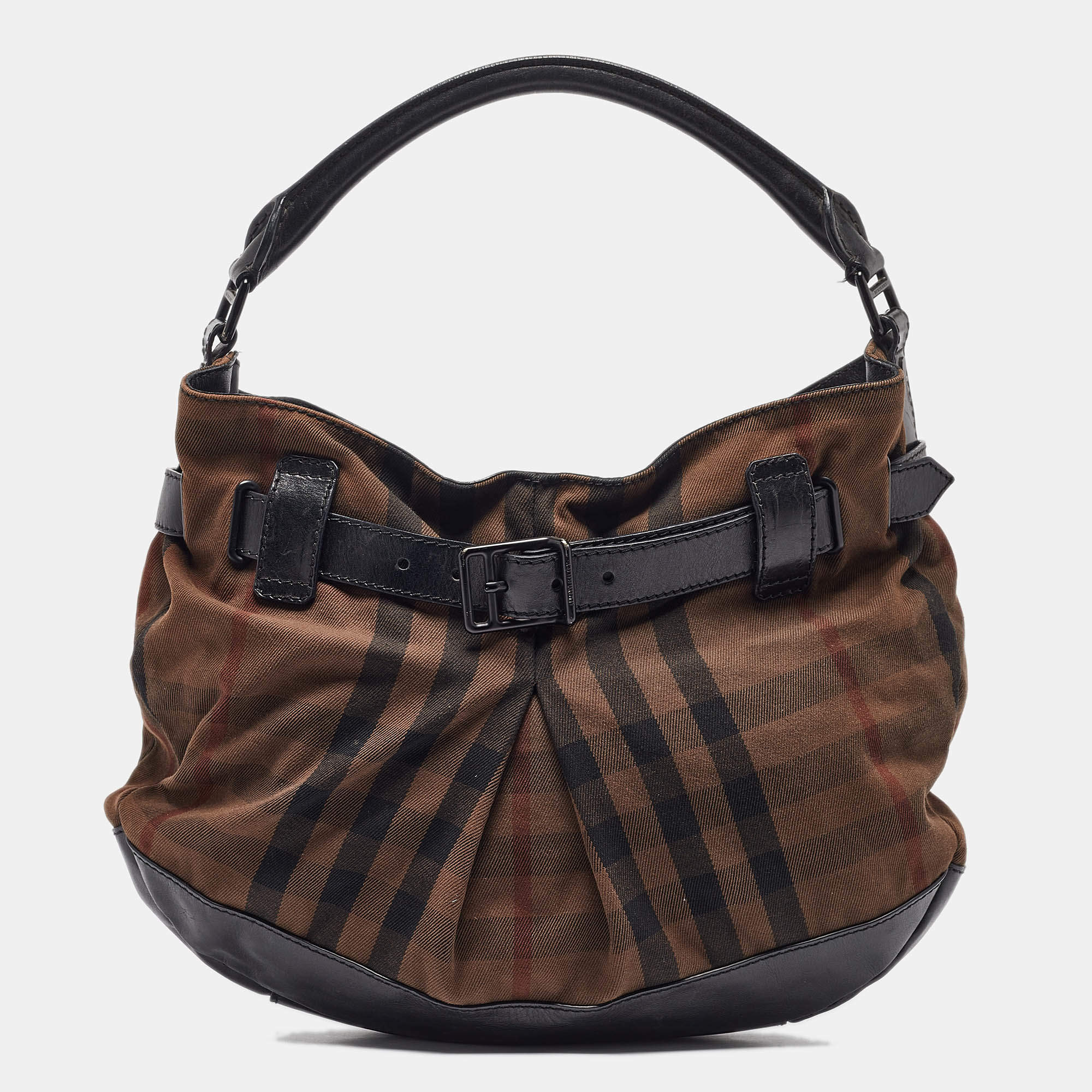 Burberry Black/Brown Housecheck Canvas and Leather Buckle Hobo