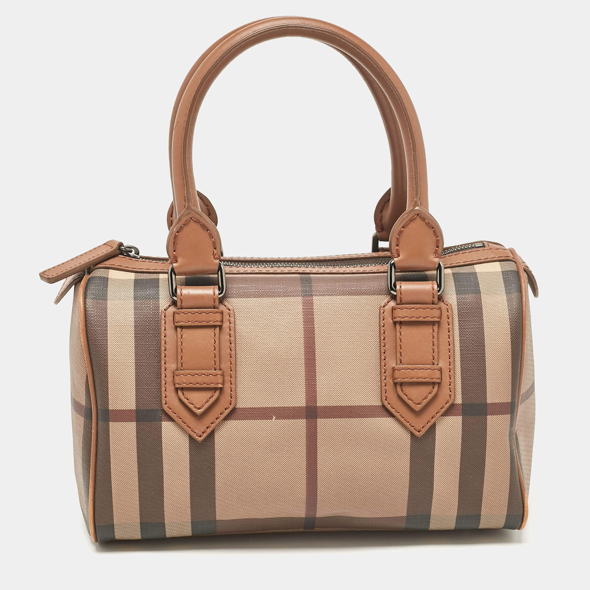 Pre Owned Burberry Brown Smoked Check PVC and Leather Chester Boston Bag
