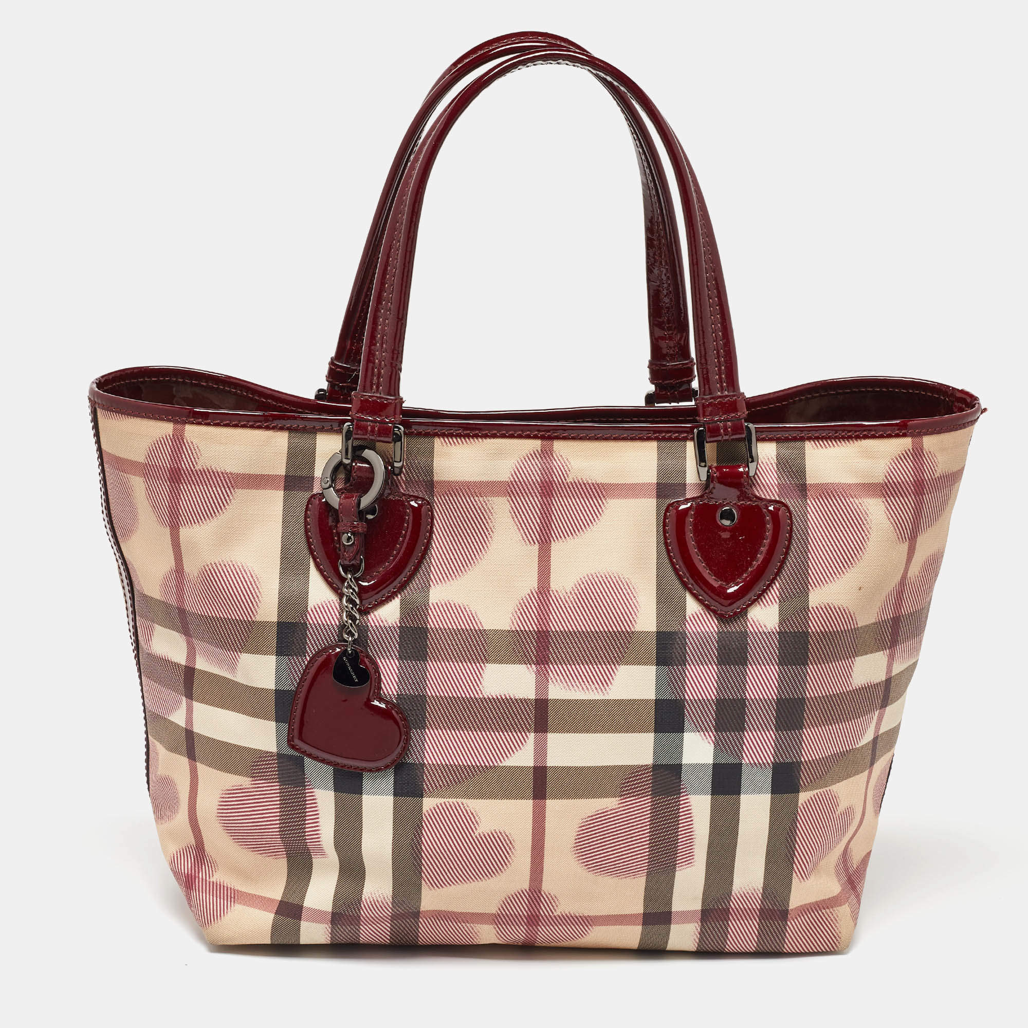 Pre Owned Burberry Beige/Burgundy Heart Print Check PVC and Patent Leather Brit Tote