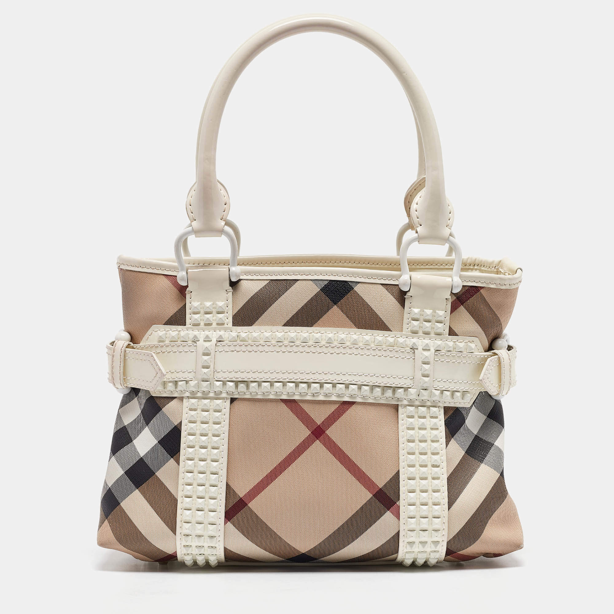 Pre Owned Burberry White/Beige Super Nova Check Vinyl Small Studded Rachel Tote