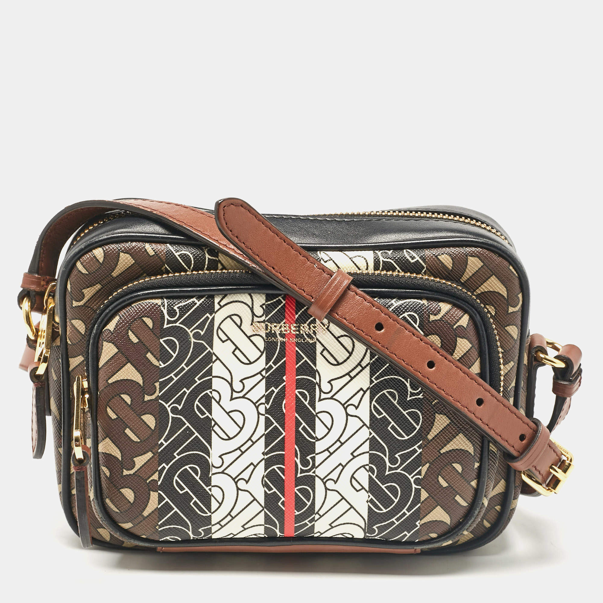 Pre Owned Burberry Multicolor TB-Print Coated Canvas and Leather Camera Crossbody Bag