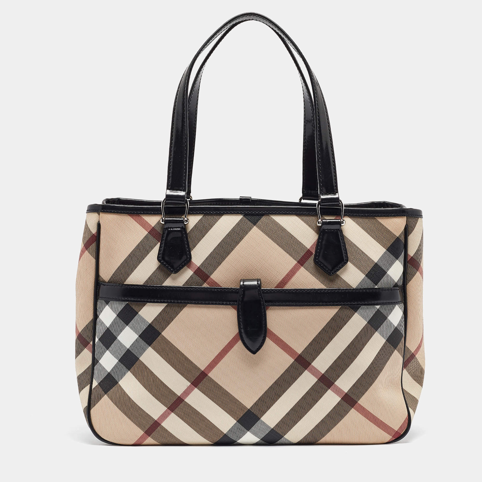 Burberry Black/Beige Super Nova Check Vinyl and Patent Leather Tote