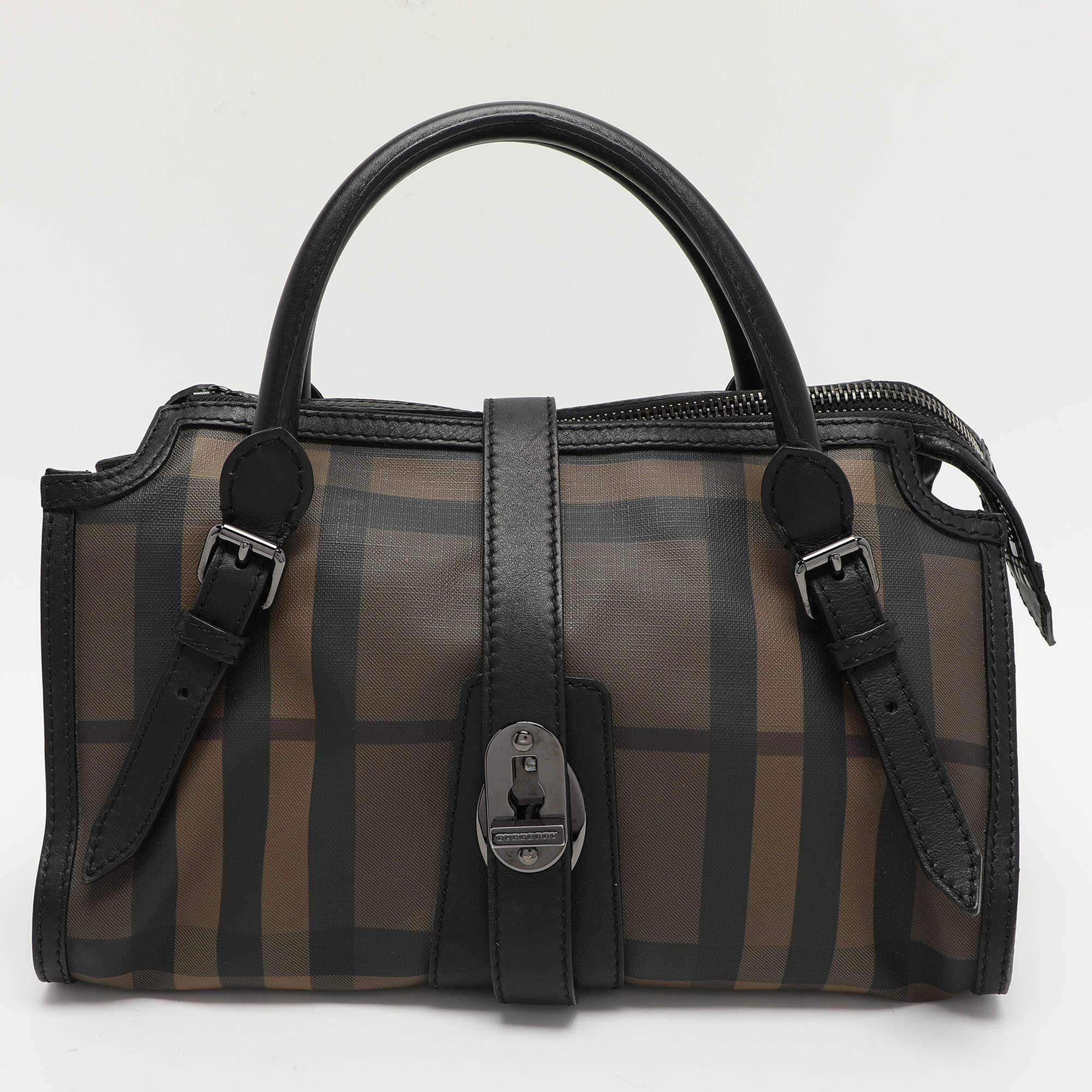 Pre Owned Burberry Black Smoked Check PVC and Leather Chain Lock Bowling Bag