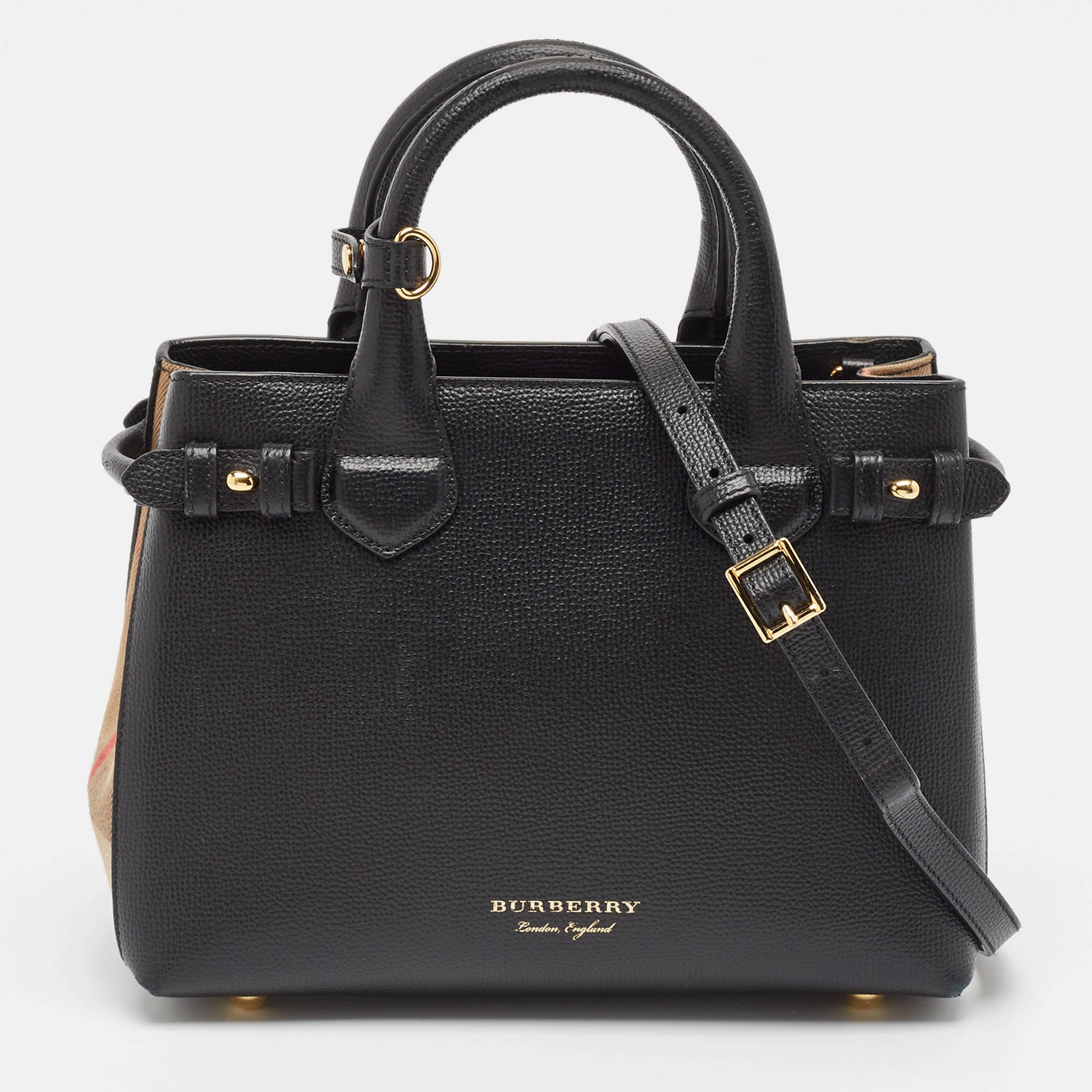 مملوكة مسبقًا حقيبة يد توتس بربري بانير قماش كاروهات هاوس وجلد أسود/ بيج صغيرة