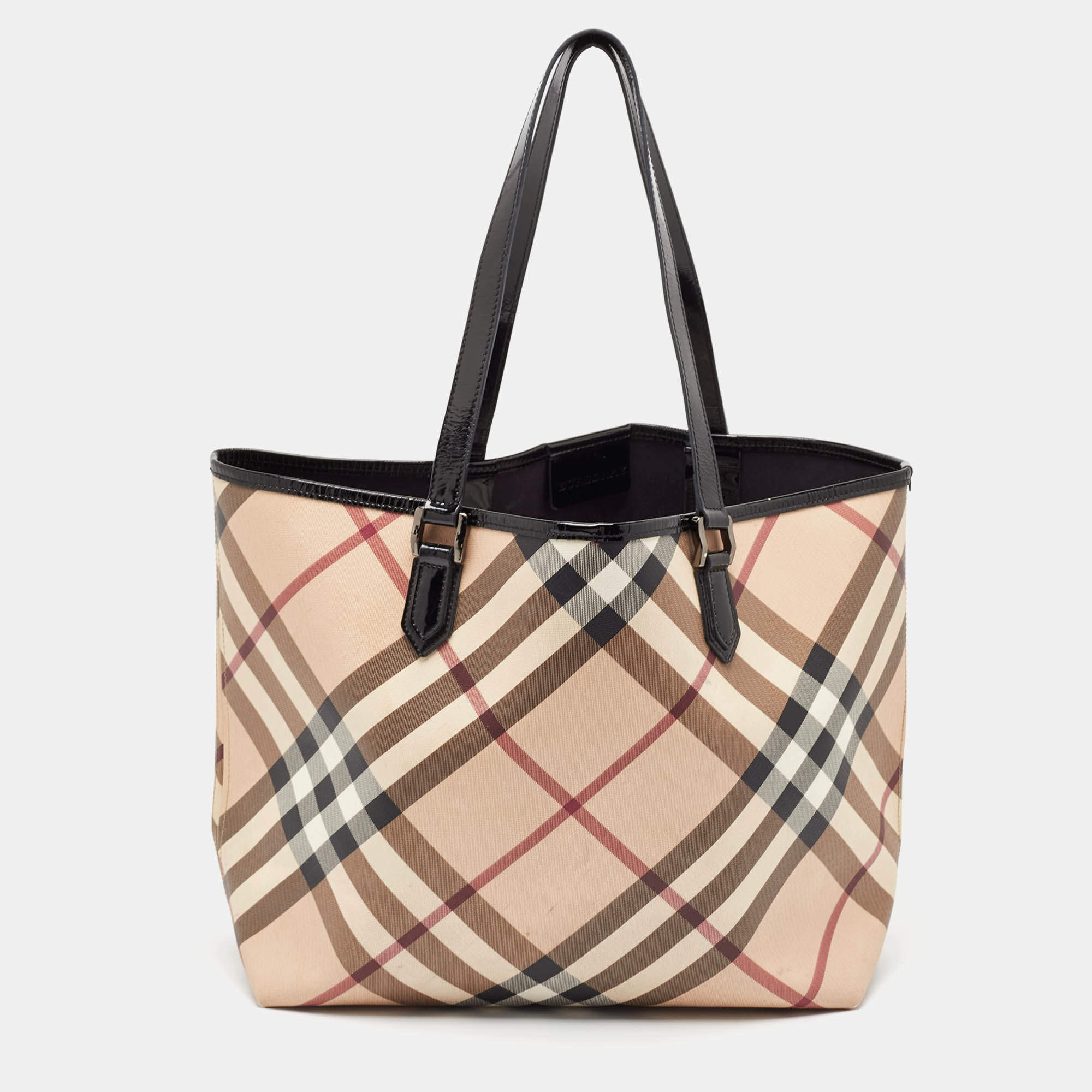 Burberry Black/Beige Supernova Check Vinyl and Patent Leather Large Nickie Tote