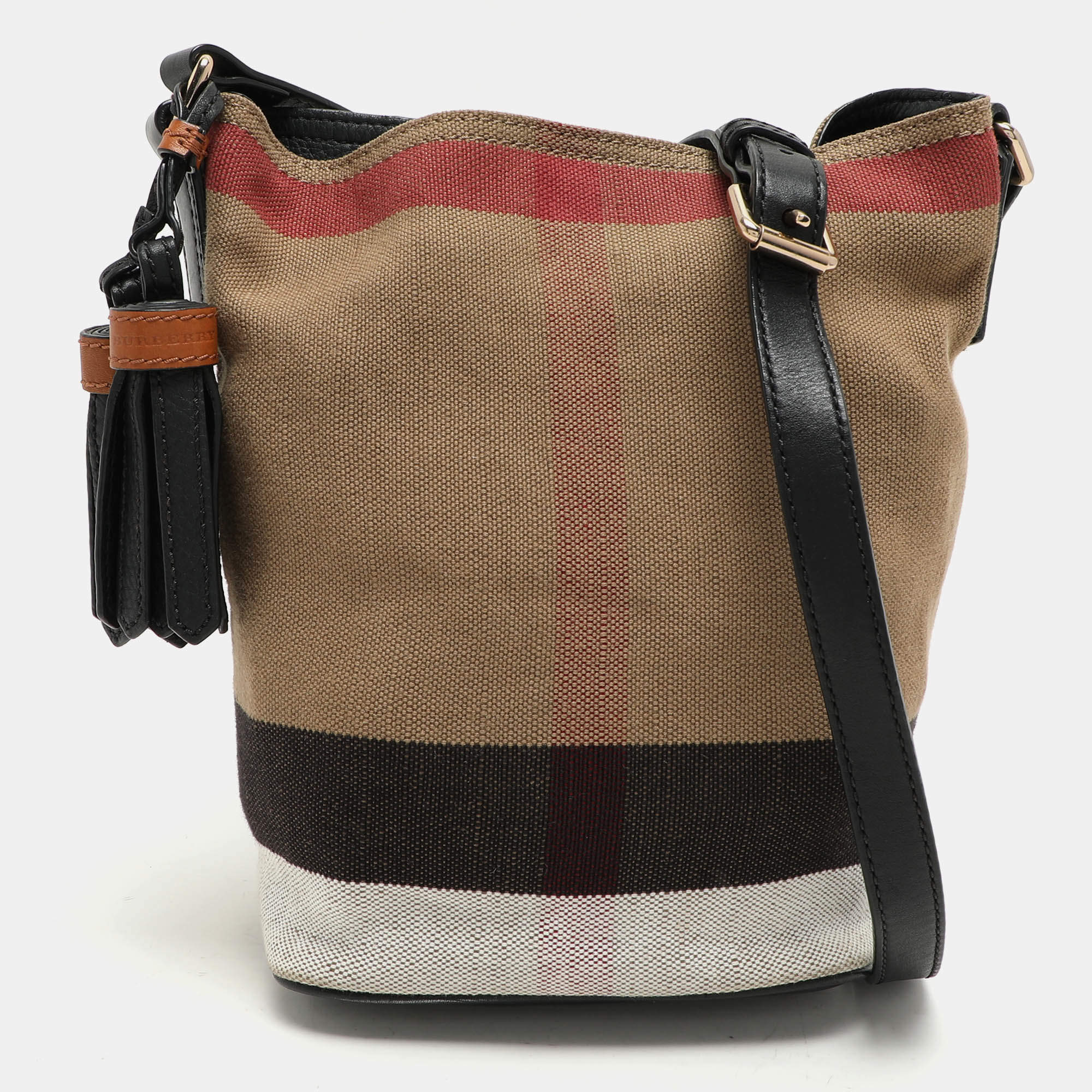 Pre Owned Burberry Beige/Black House Check Canvas and Leather Ashby Bucket Bag