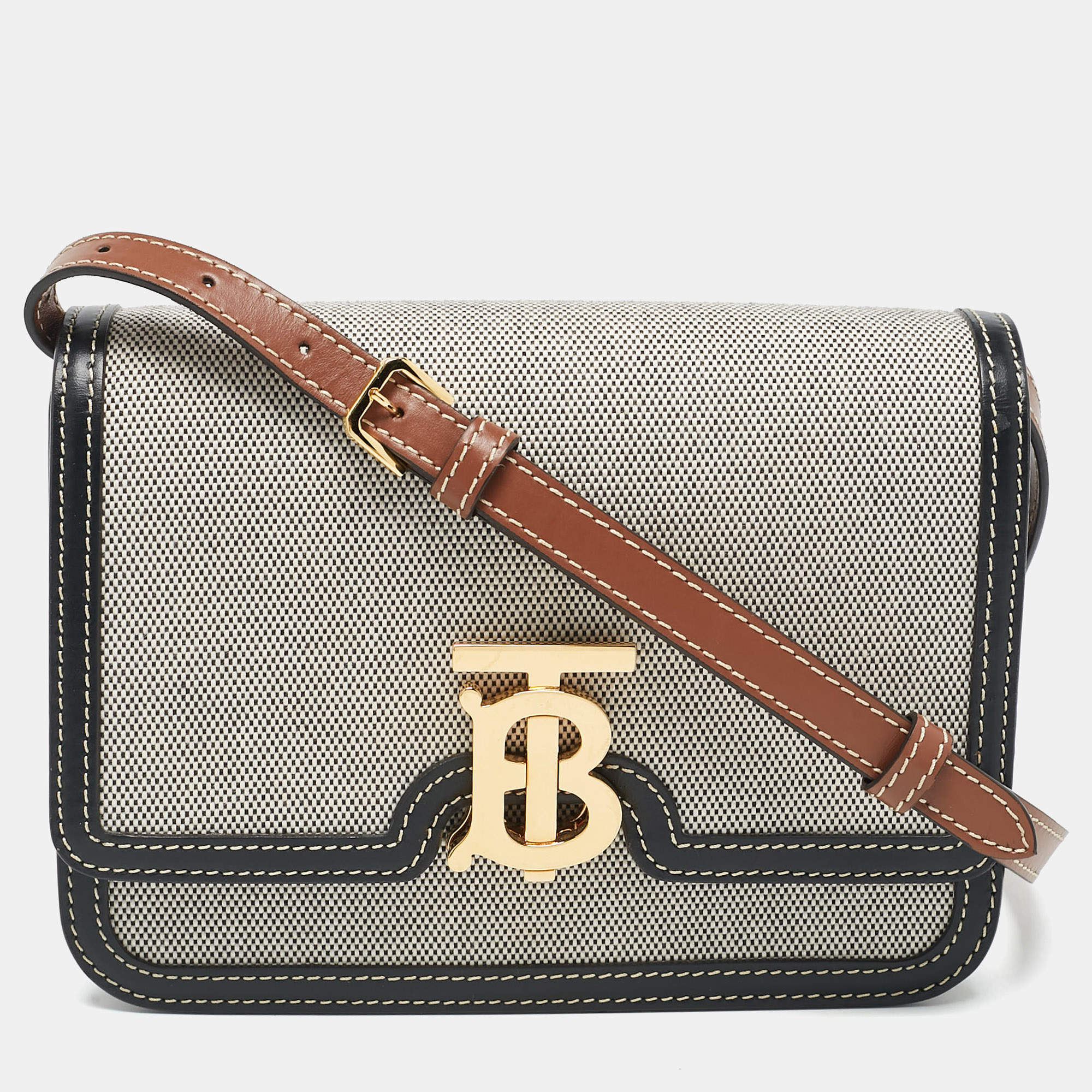 Pre Owned Burberry Tricolor Canvas and Leather Small TB Shoulder Bag