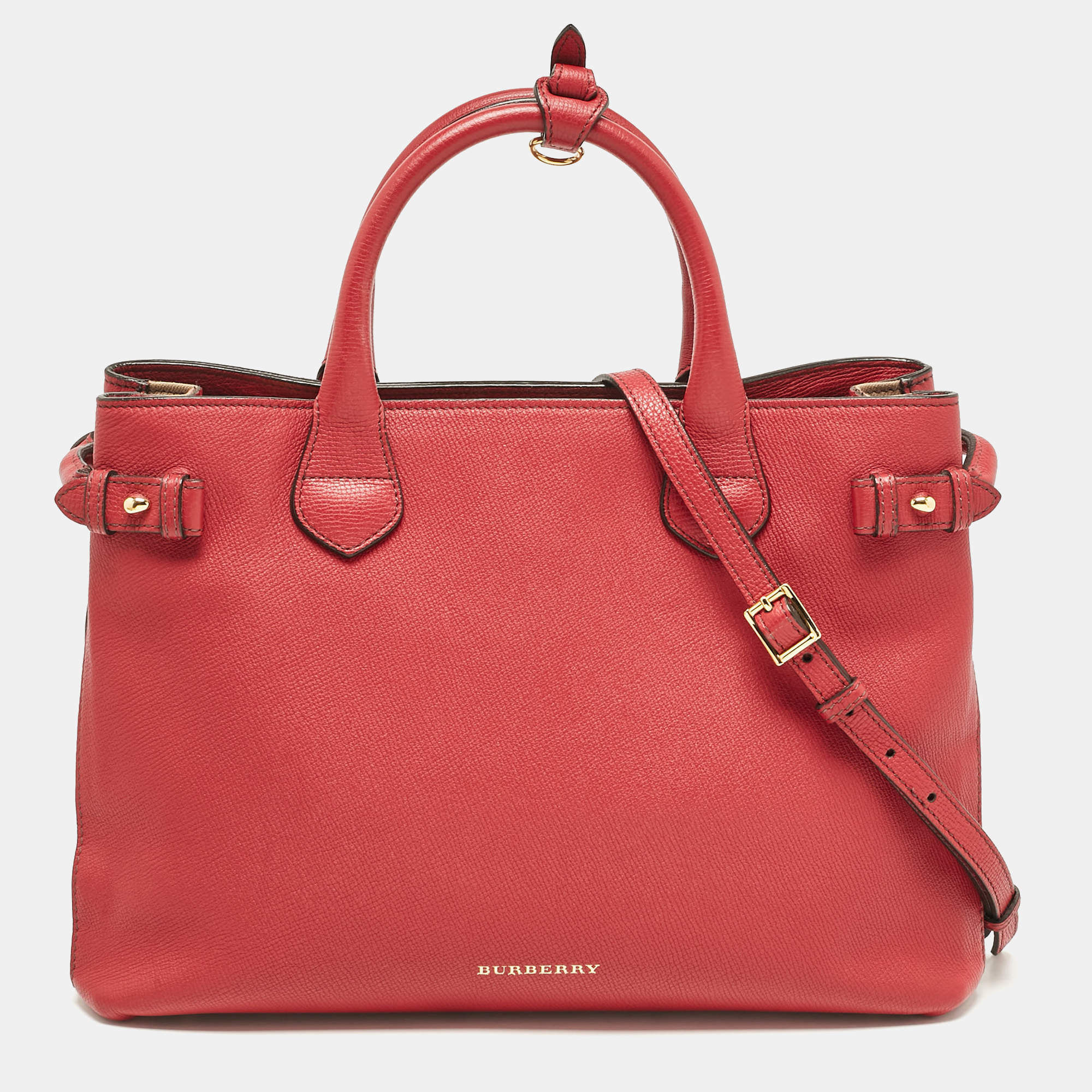 Pre Owned Burberry Red/Beige Leather and House Check Fabric Medium Banner Tote