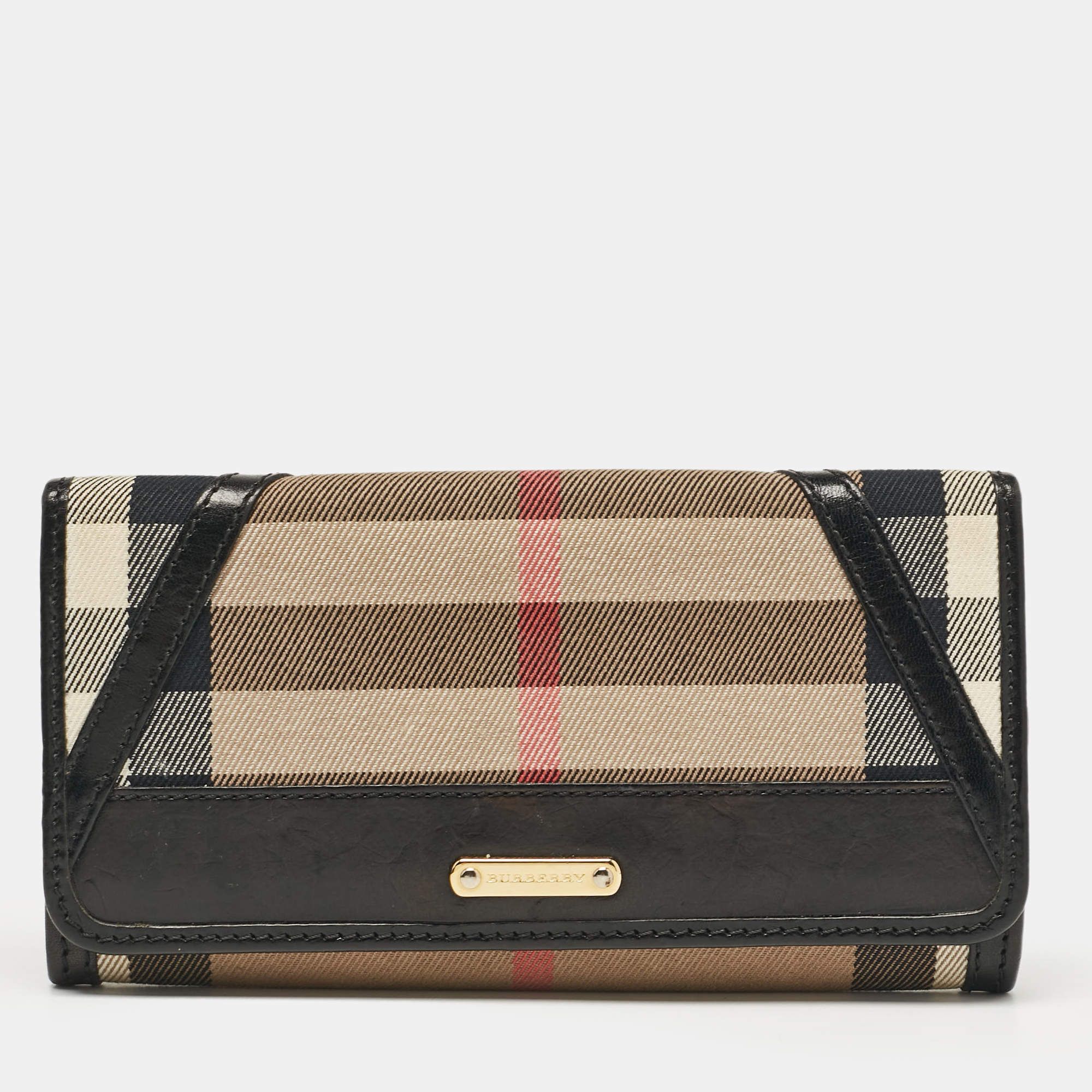 Pre Owned Burberry Black/Beige House Check Fabric and Leather Leighton Continental Wallet